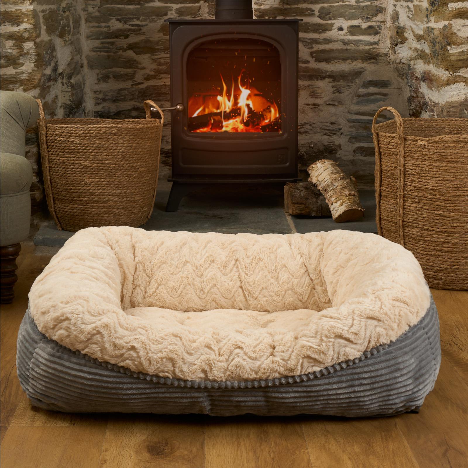 Dog Bed Washable Plush Soft Faux Fur Fleece Ribbed Pet Basket Cushion Warm Cosy