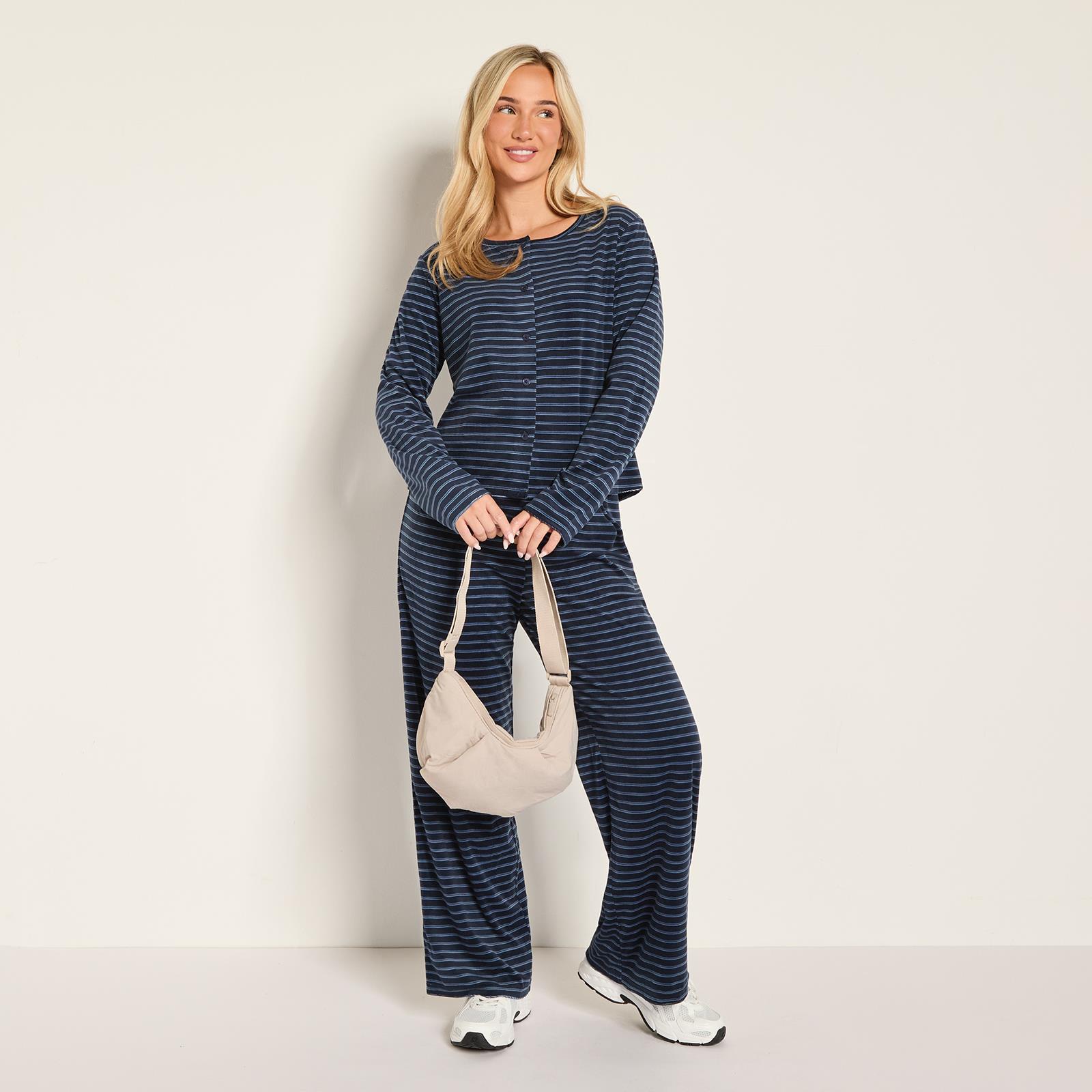 OHS Matte Velvet Loungewear Co-Ord Set Stripe Print Button Through Nightwear