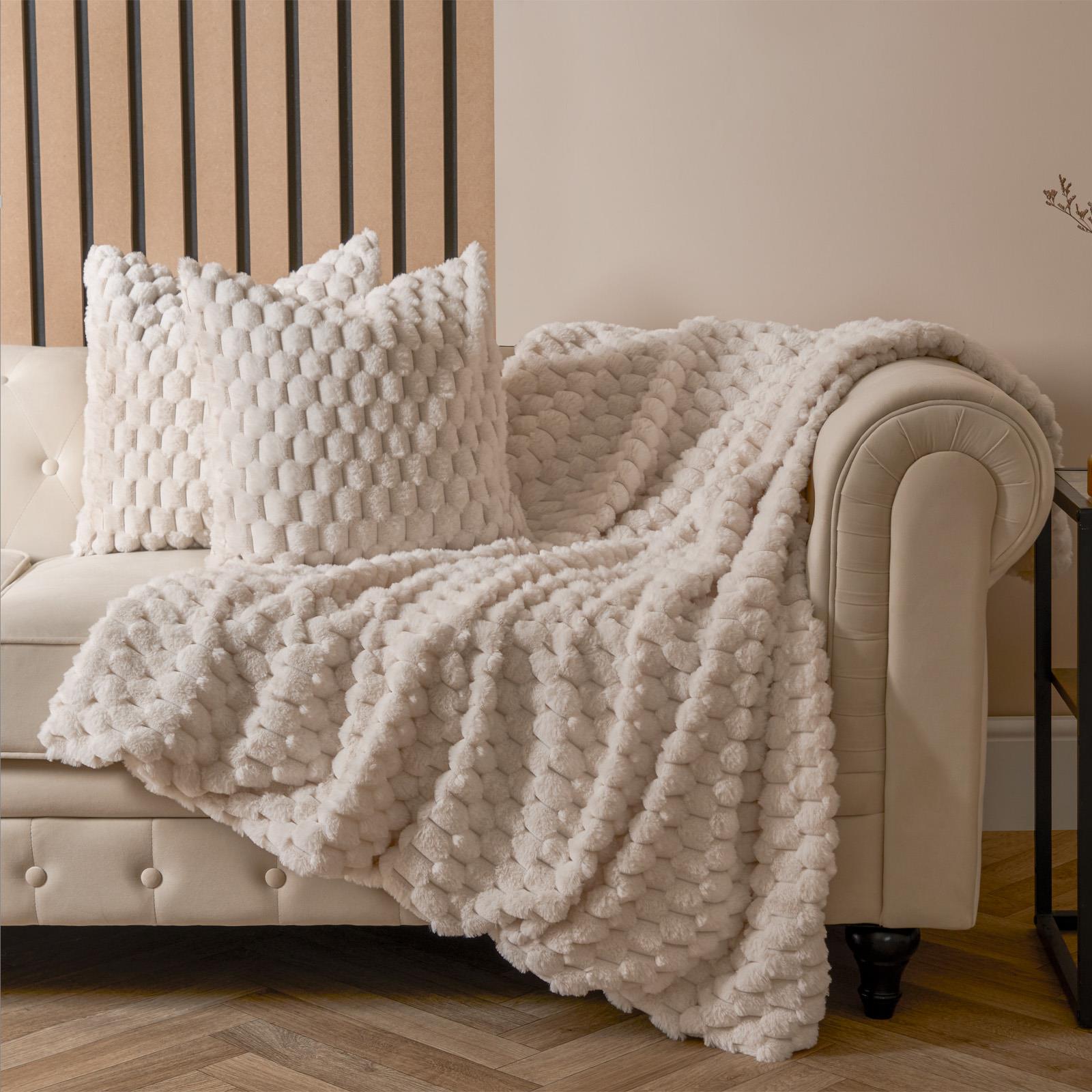OHS Waffle Throw Bed Blanket Faux Fur Supersoft Warm Fleece Cosy Plush