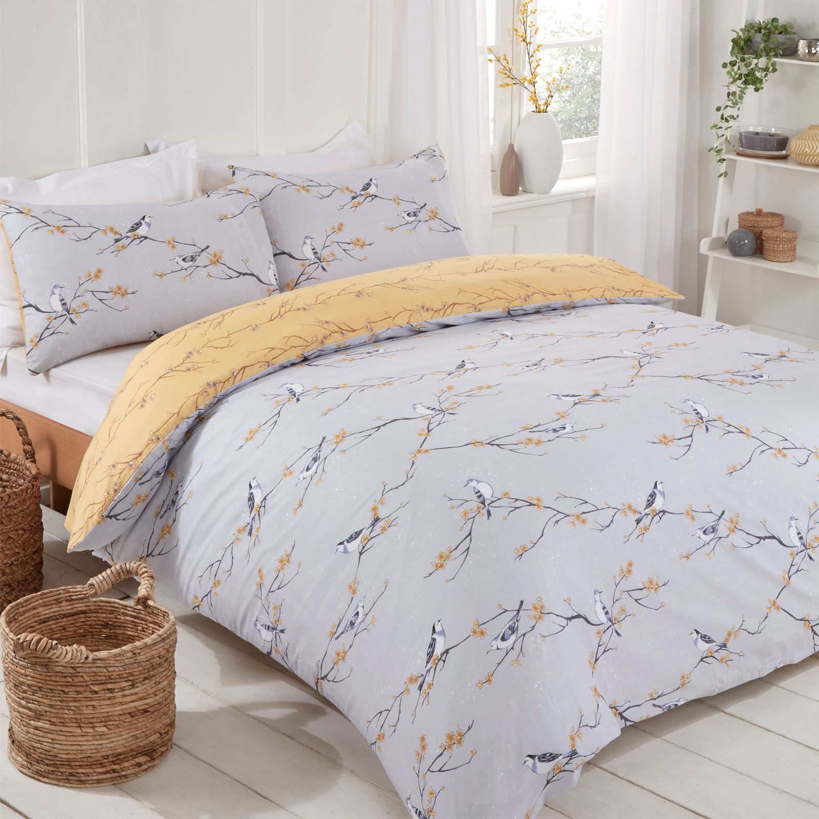 Dreamscene Blossom Bird Quilt Cover with Pillowcase Bedding Set Grey