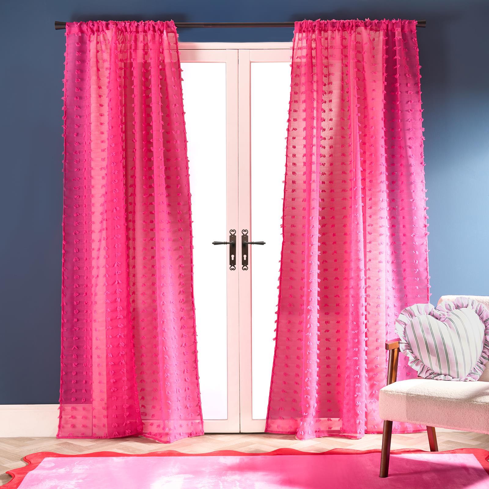 OHS Pompom Tufted Voile Net Curtains Pair 2 Window Panels Slot Top Set 55