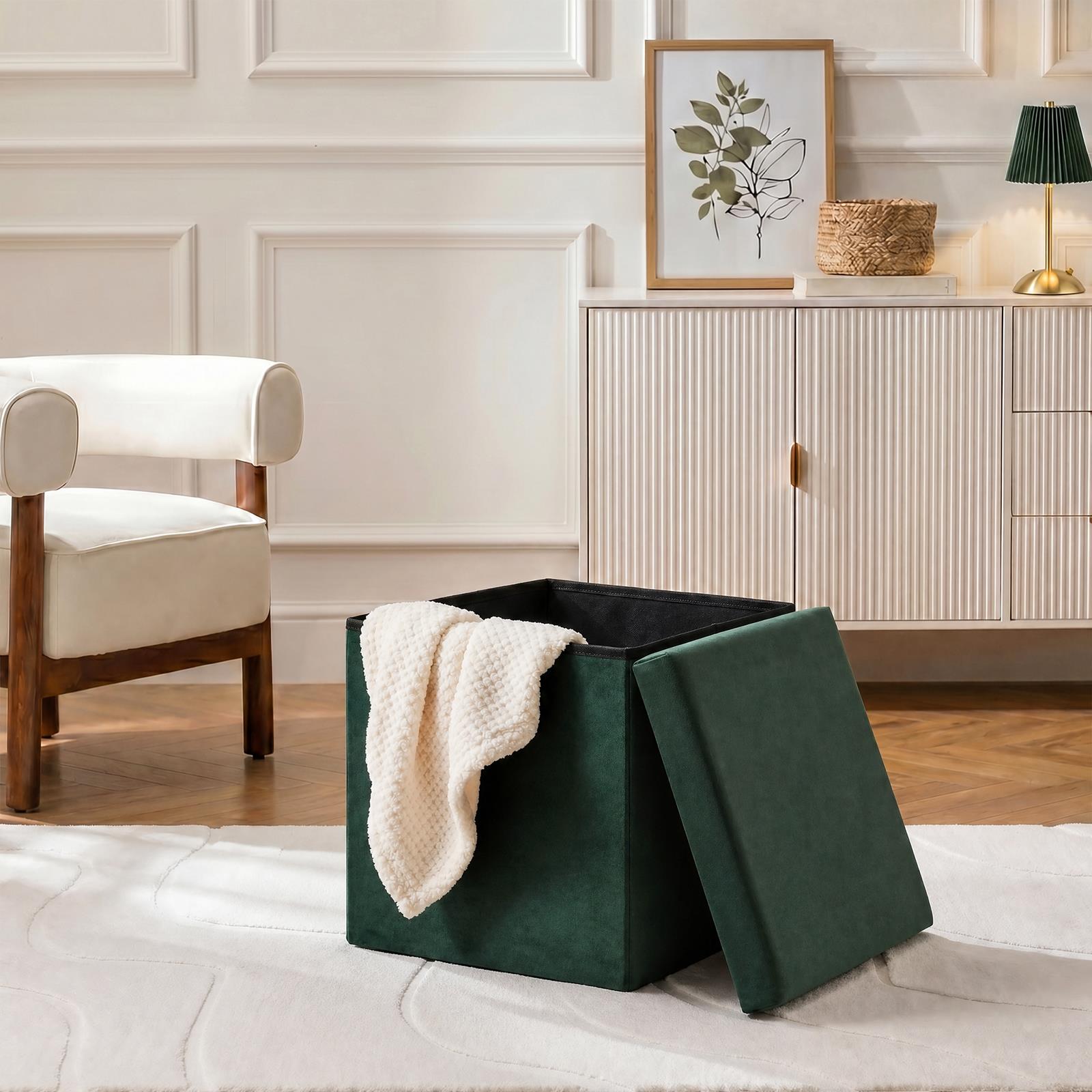 OHS Folding Ottoman Storage Box Footstool Tub Space Saving Velvet Seat