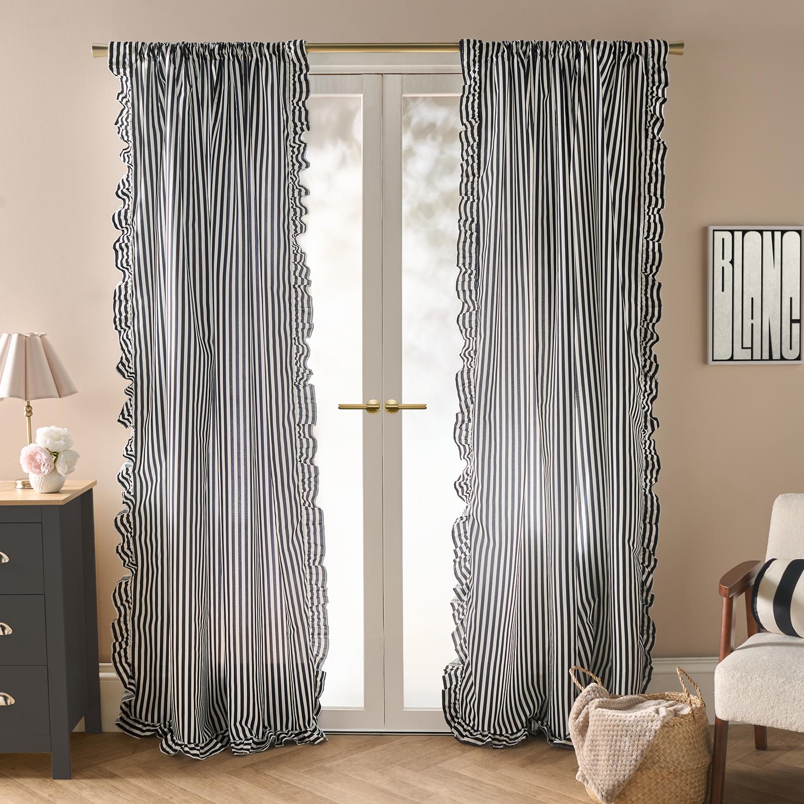 OHS Stripe Frill Voile Net Curtains 2 Window Panels Sheer Rod Slot Top Pair Set