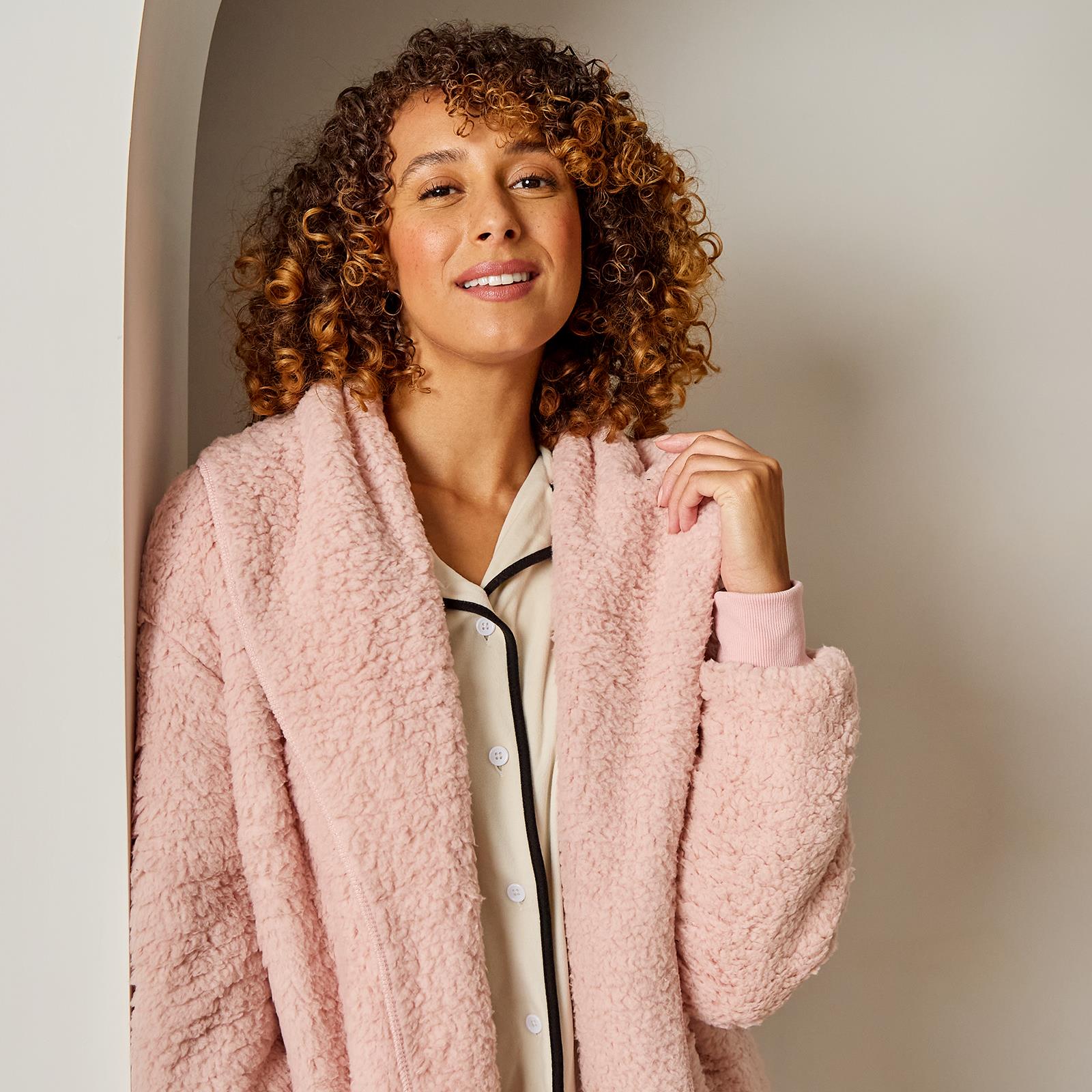 OHS Waterfall Long Cardigan Warm Teddy Fleece Open Front Wrap Loungewear Outwear