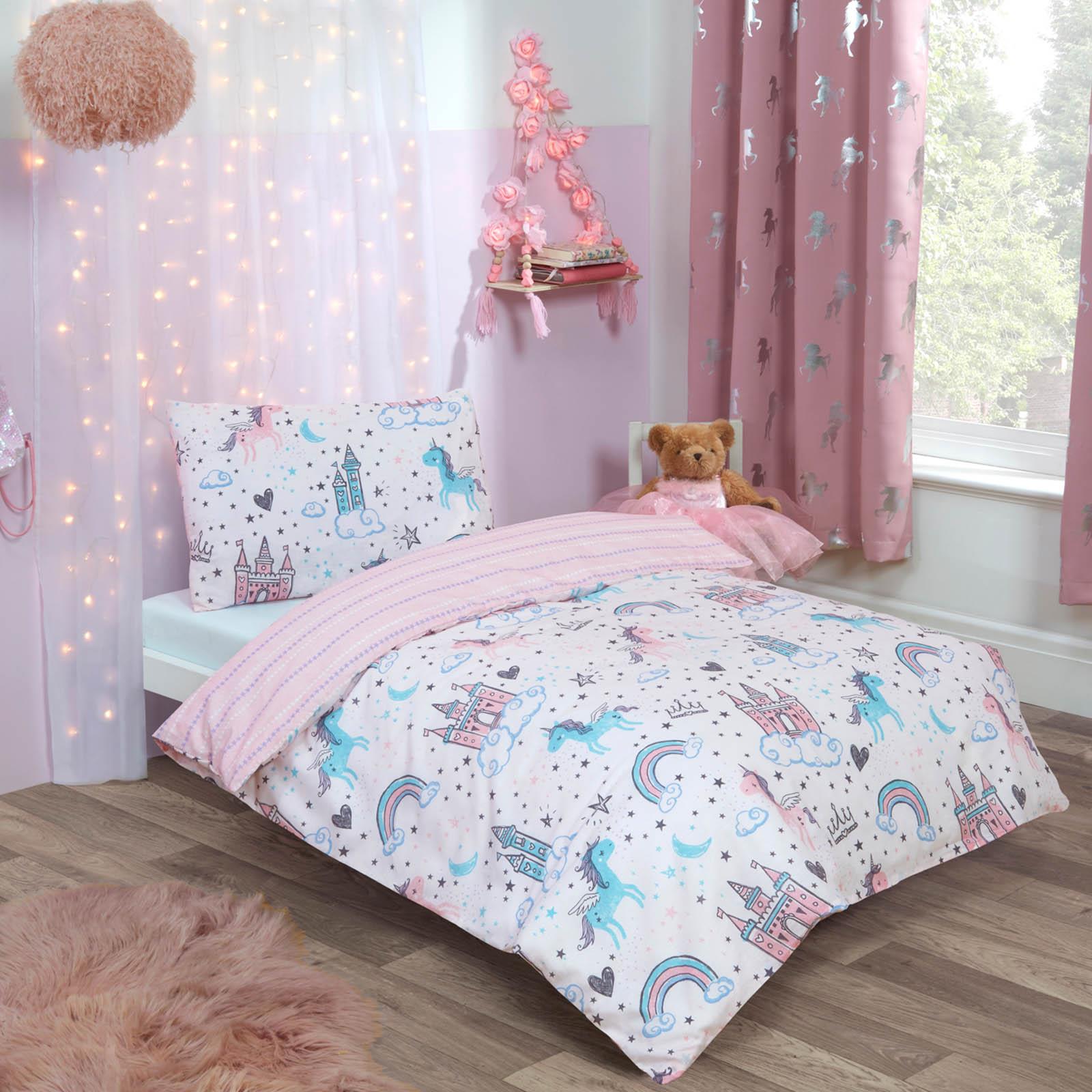 Girls Fairy Castle Pink Single Dreamscene Unicorn Kingdom Duvet Cover with Pillow Case Reversible Star Stripe Bedding Set