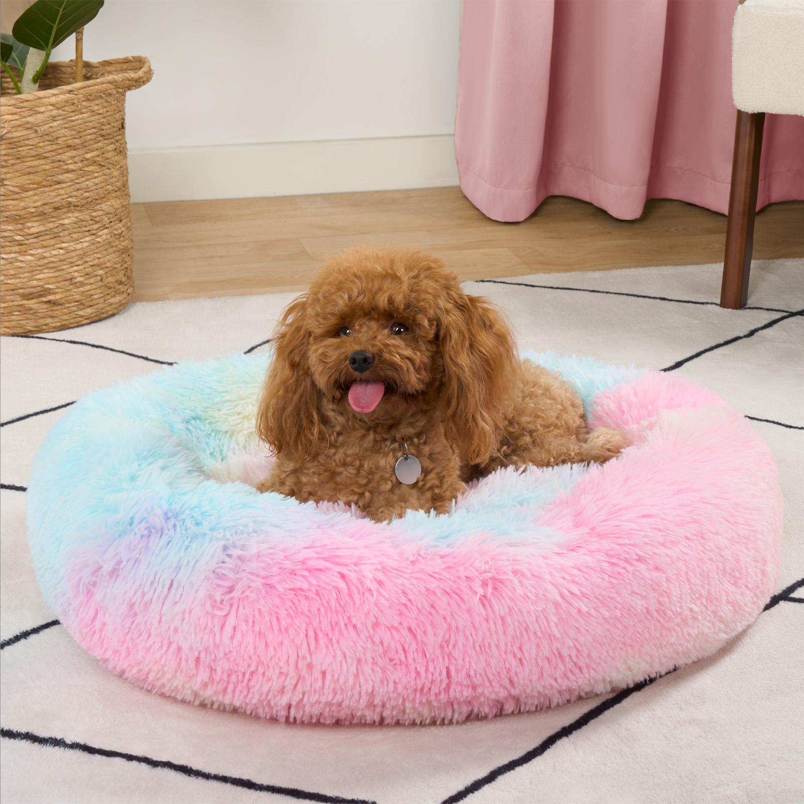 OHS Pet Bed Calming Fluffy Plush Fleece Dog Anti Anxiety Round Donut Washable