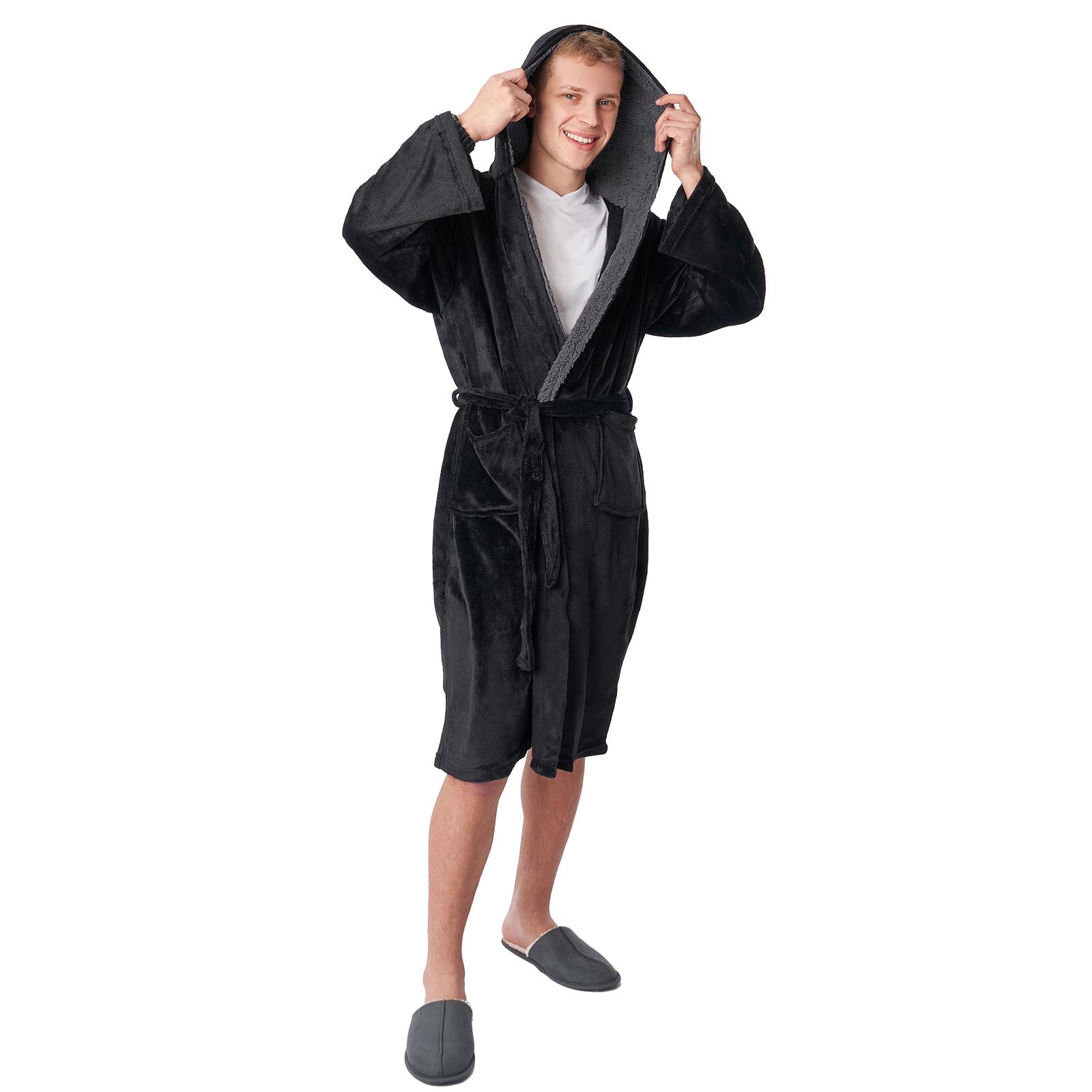 OHS Mens Dressing Gown Long Hooded Soft Flannel Fleece Sherpa Bathrobe Lounge