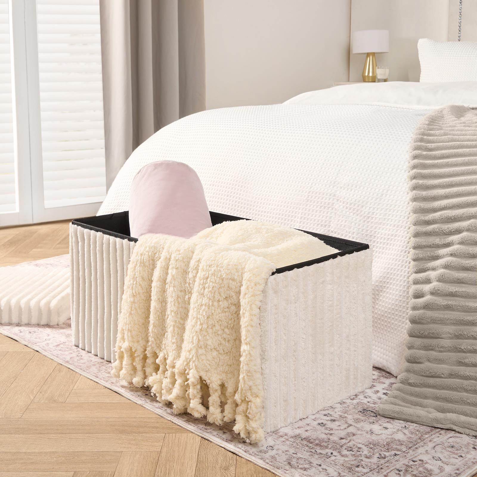 OHS Storage Box Lid Ottoman Folding Ribbed Fleece Footstool Tub Seat