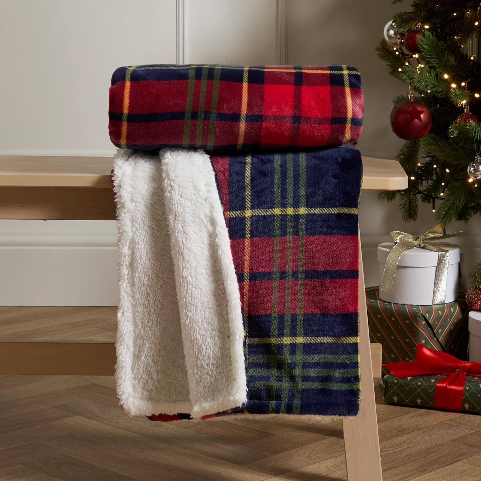 OHS Tartan Throw Sherpa Fleece Plush Flannel Blanket Warm Xmas Soft Bedspread