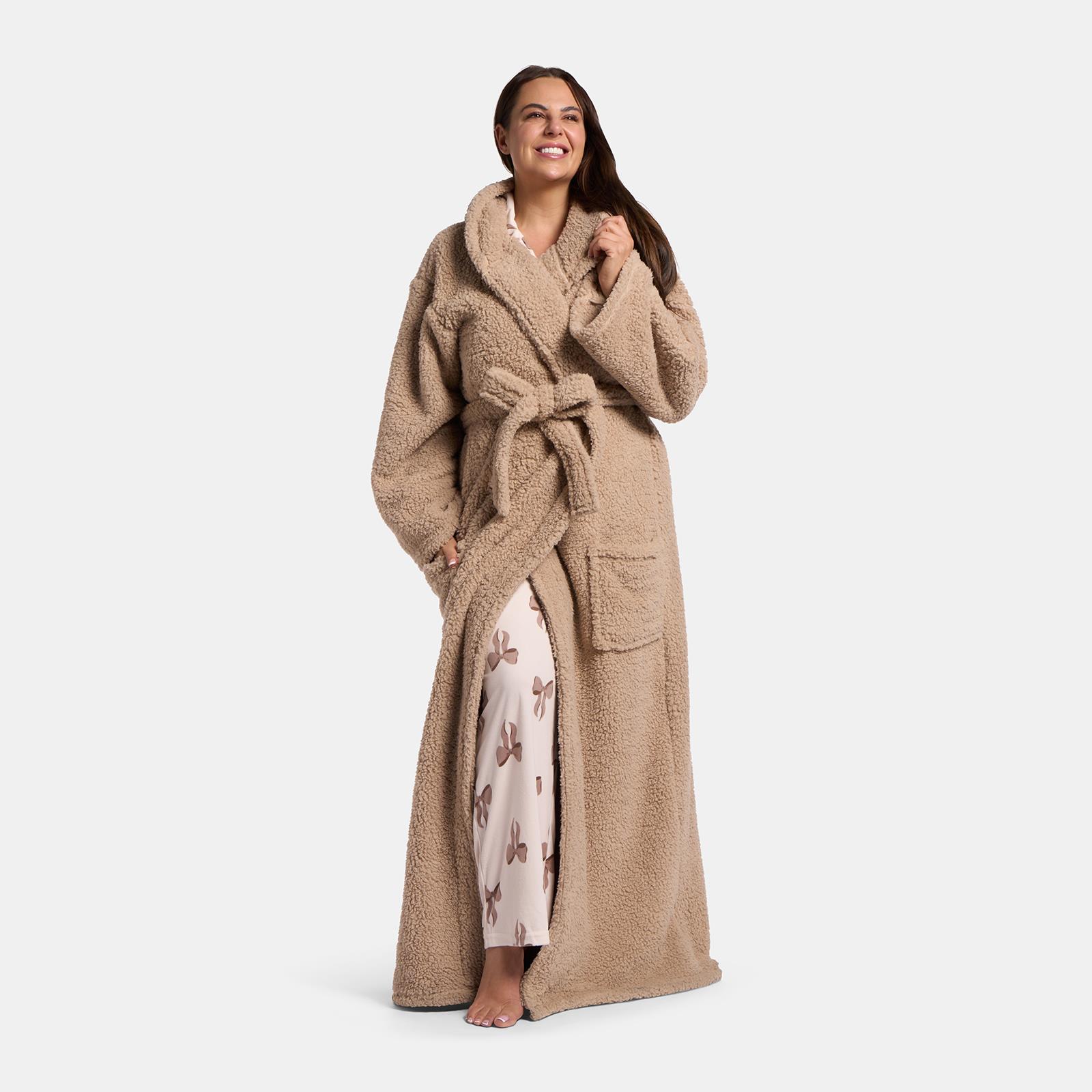 OHS Teddy Fleece Dressing Gown Floor Length Hooded Bathrobe Winter Loungewear
