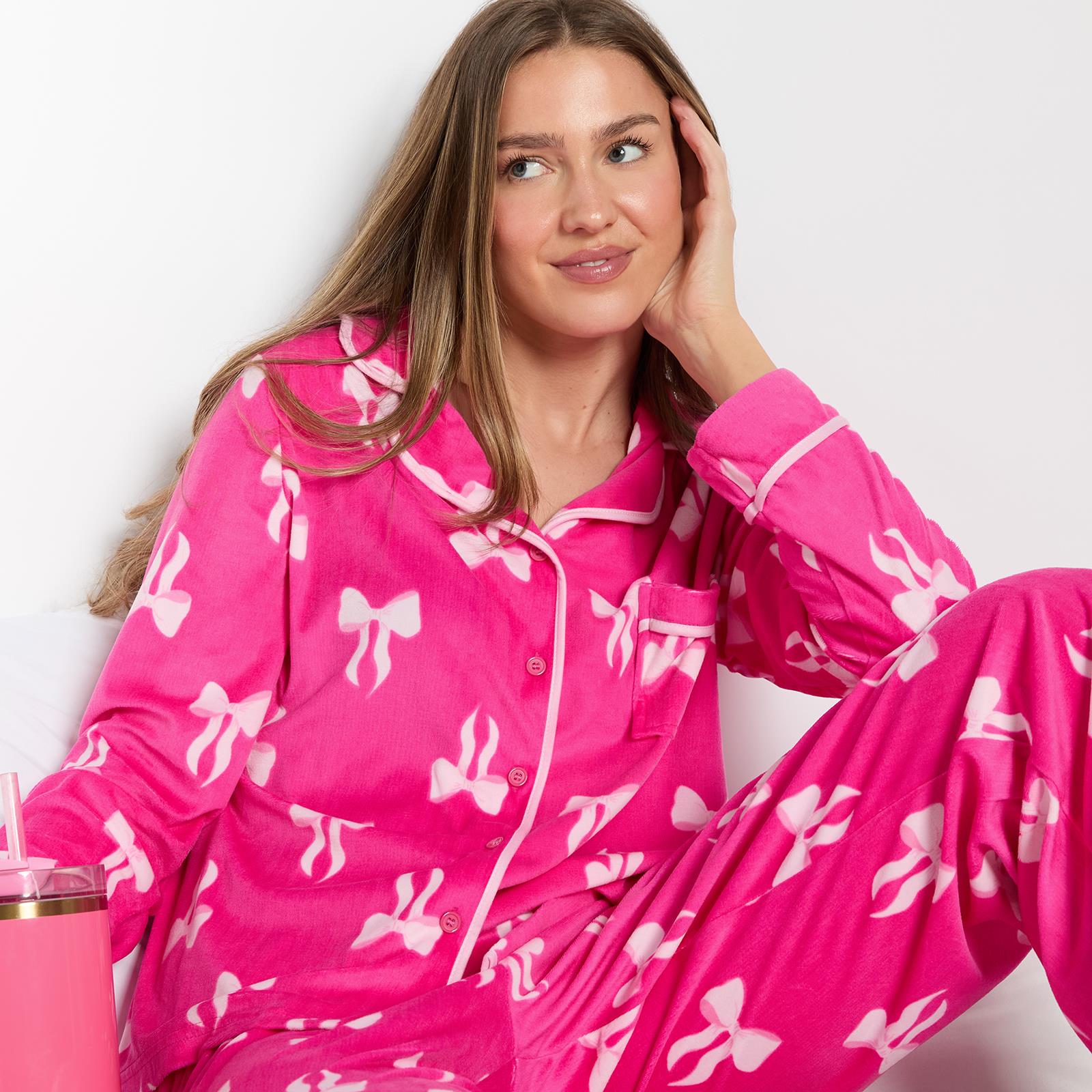 OHS Bows Pyjama Set Womens Button Through Baby Fleece Loungewear Nightwear