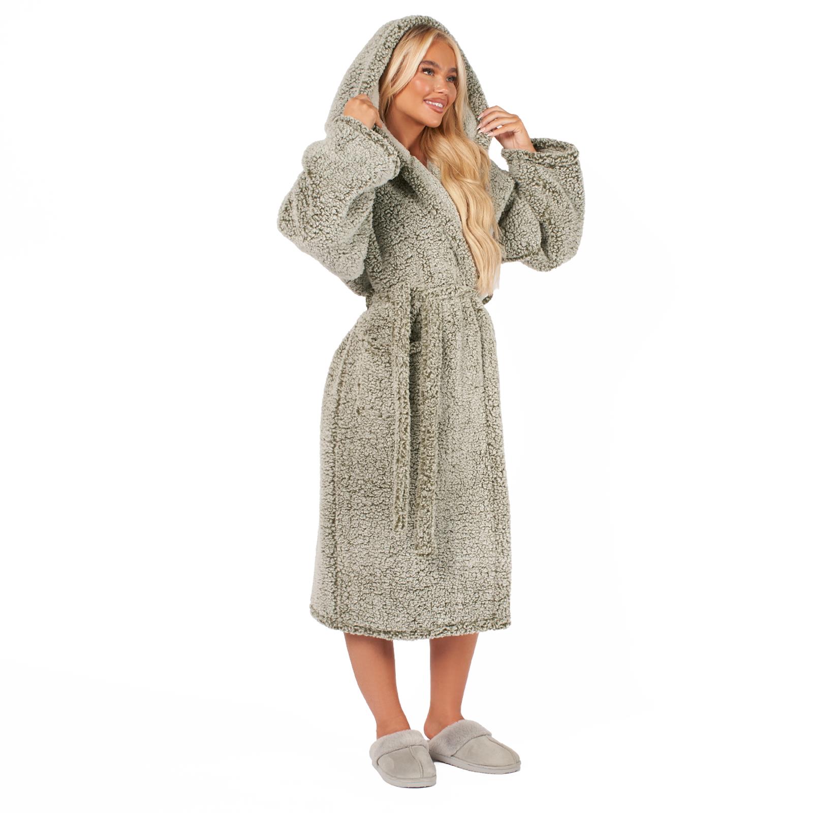 OHS Teddy Marl Fleece Soft Adults Dressing Gown Unisex Full-Length Robe