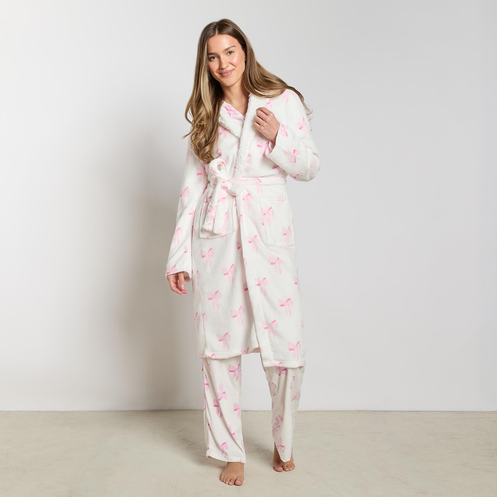 OHS Bows Dressing Gown Flannel Winter Sherpa Lined Loungewear Hooded Bathrobe