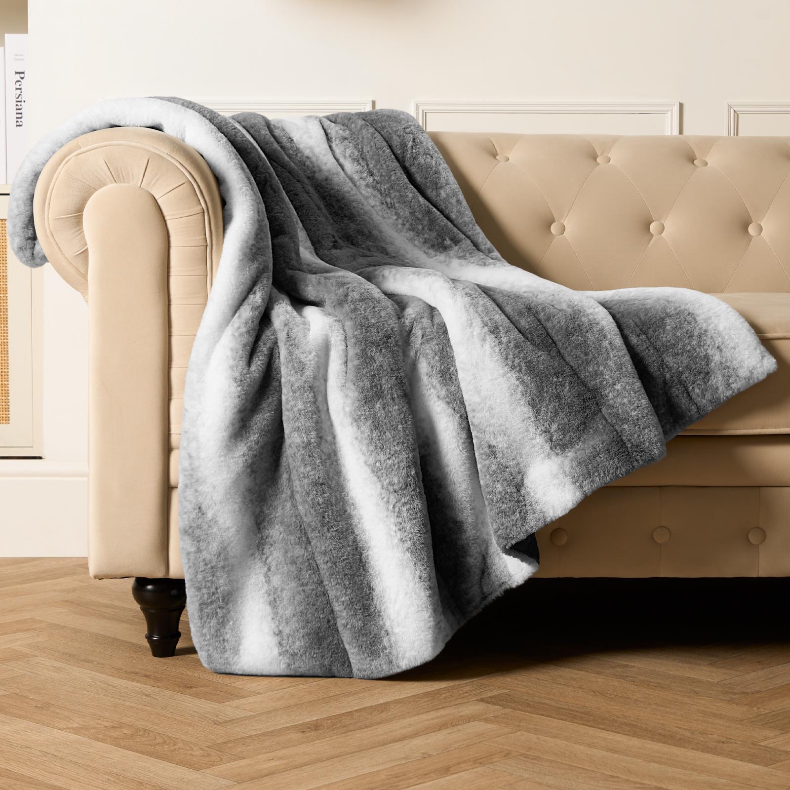 Stripe Throw Over Blanket Faux Fur Fleece Super Soft Plush Sofa Warm Bedspread