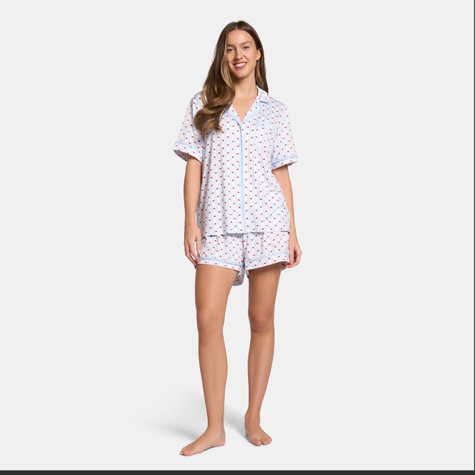 OHS Hearts Short Pyjama Set Womens Jersey Button Through Nightwear Loungewear