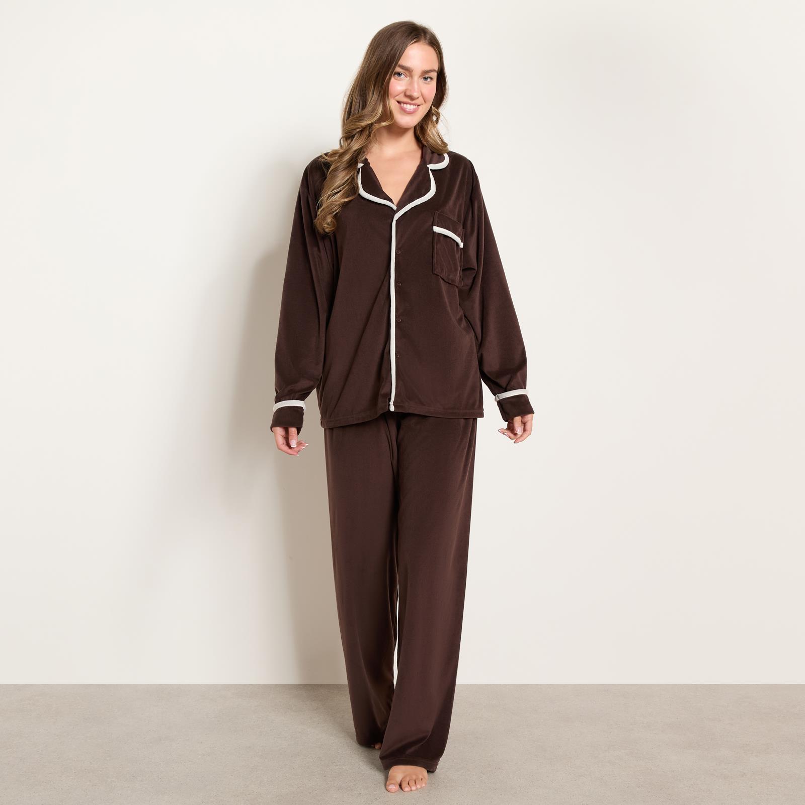 OHS Piped Edge Pyjama Set Button Through Fleece Womens Loungewear Nightwear Pjs