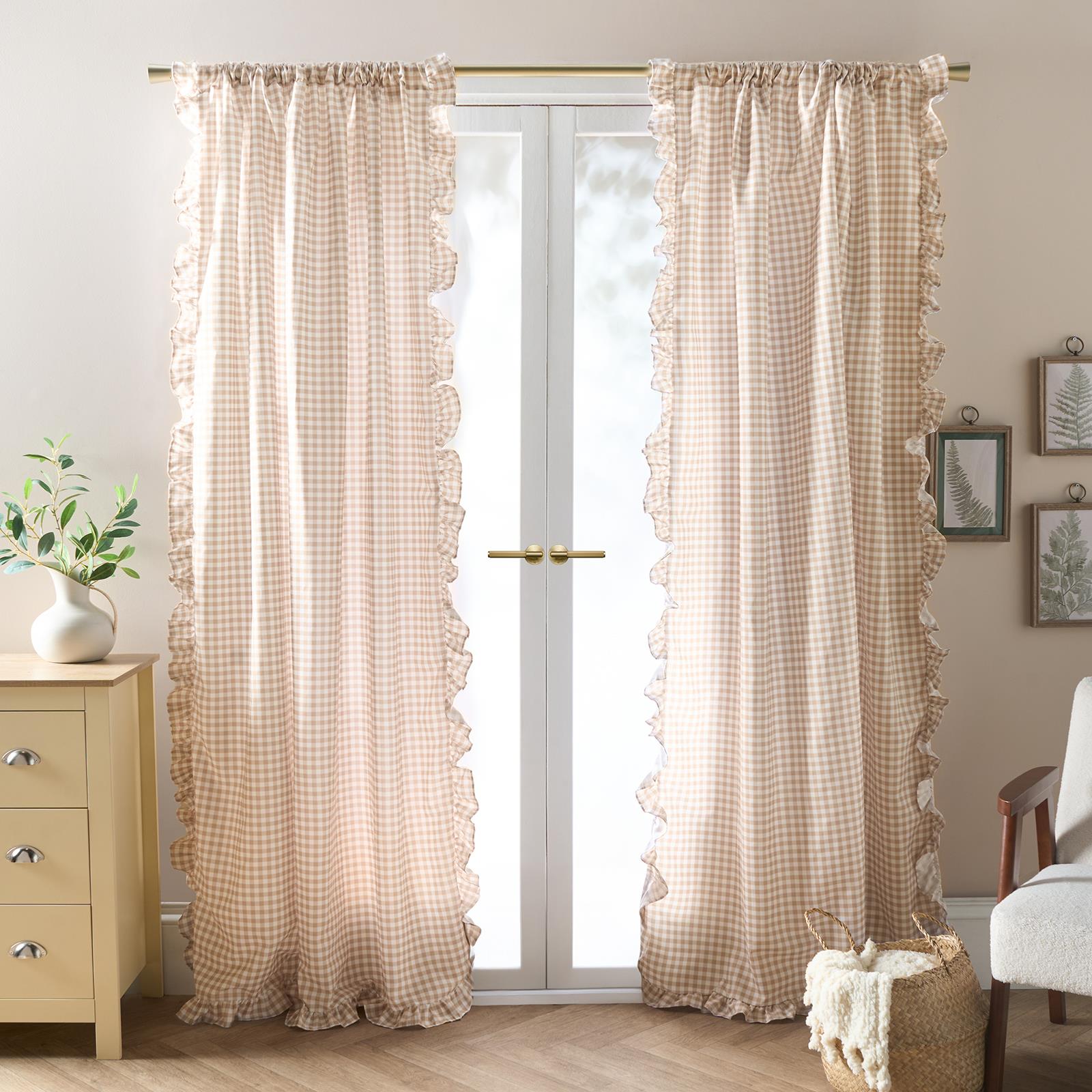 OHS Gingham Frill Voile Net Curtains 2 Window Panels Sheer Rod Slot Top Pair Set