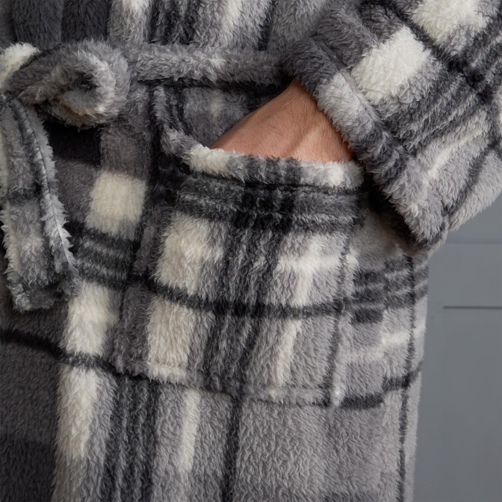 OHS Teddy Dressing Gown Tartan Check Soft Unisex Hooded Xmas Loungewear Robe