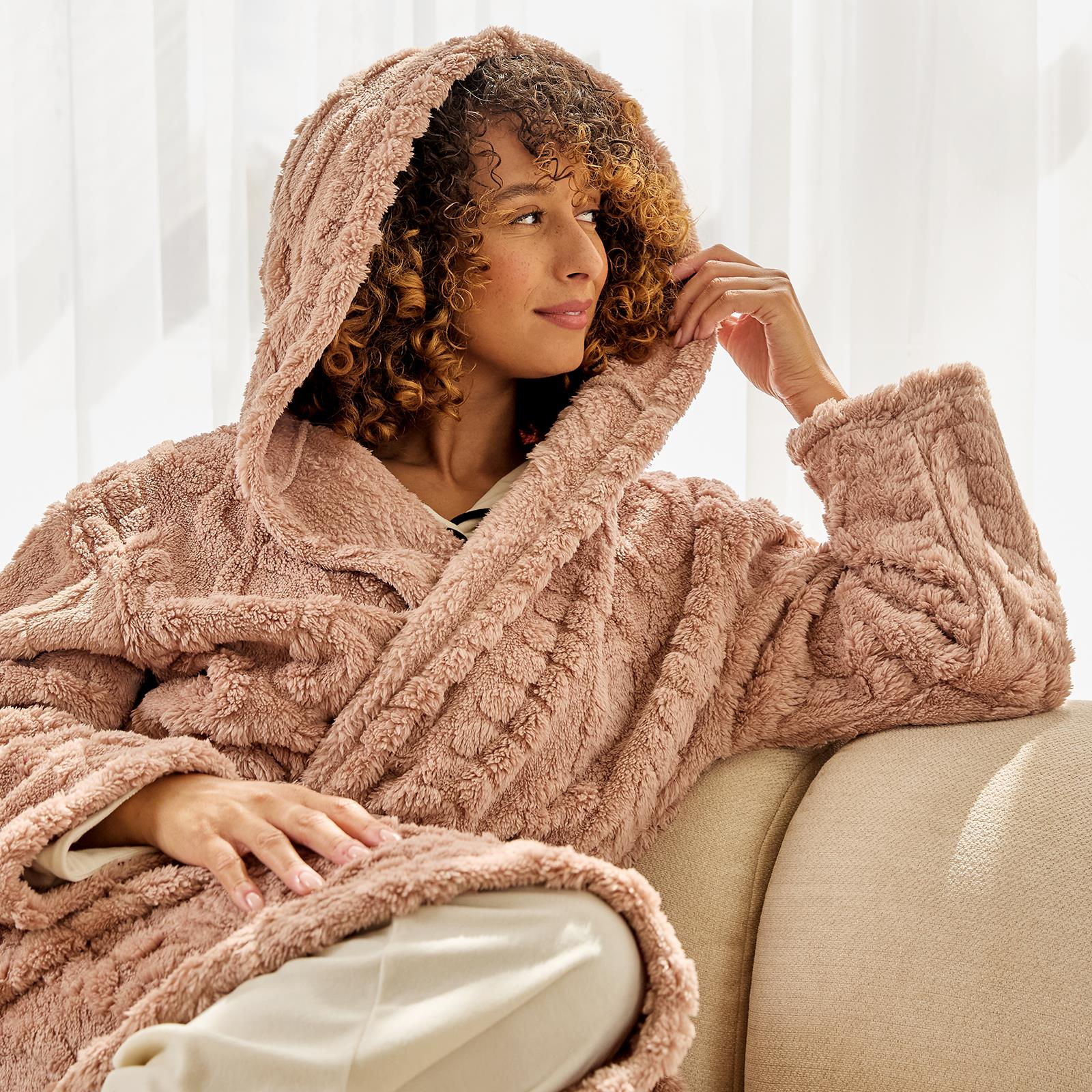 OHS Cable Knit Dressing Gown Flannel Fleece Winter Loungewear Hooded Bathrobe