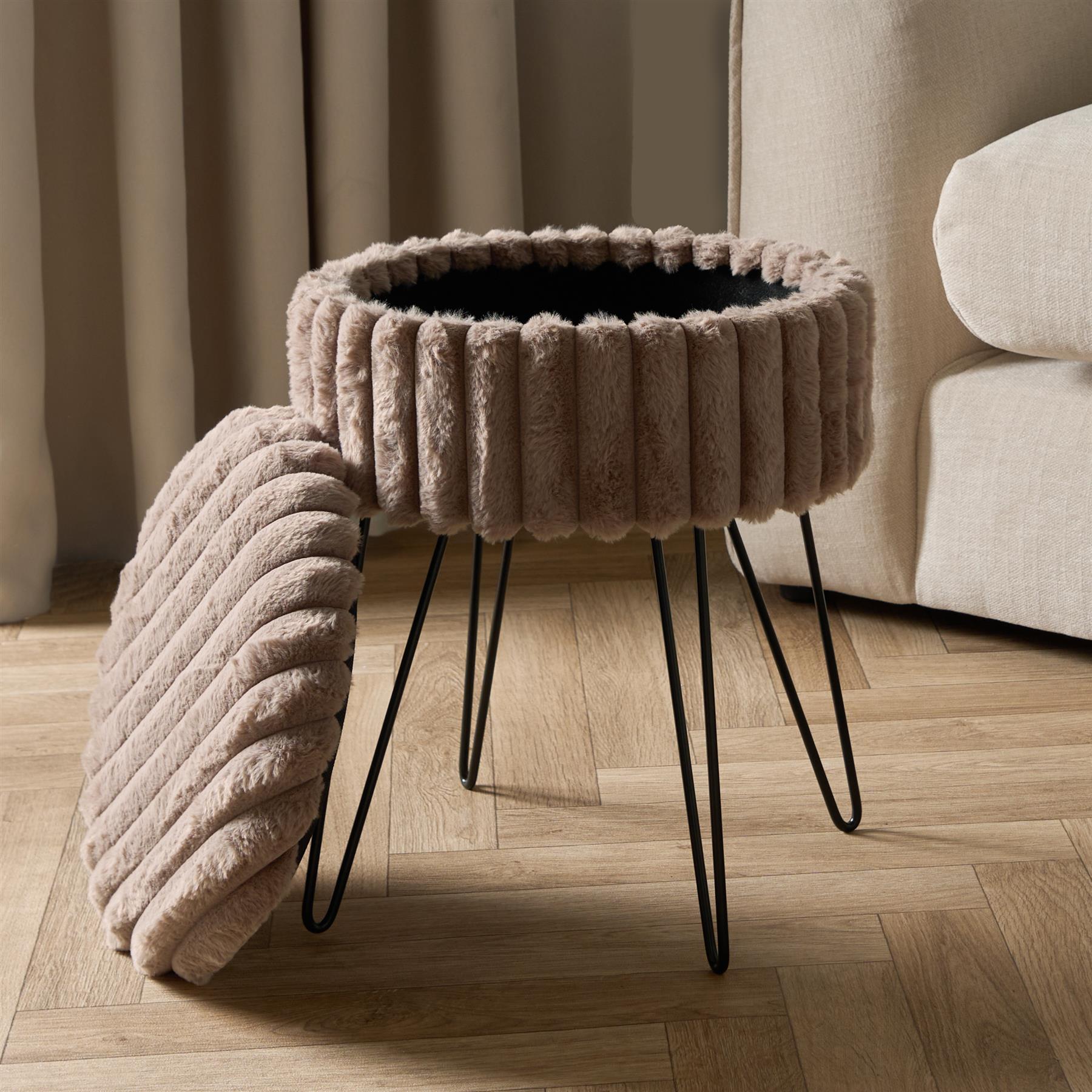 OHS Faux Fur Stool Hairpin Ribbed Fleece Round Vanity Seat Foot Rest Chair - Produktbild 1