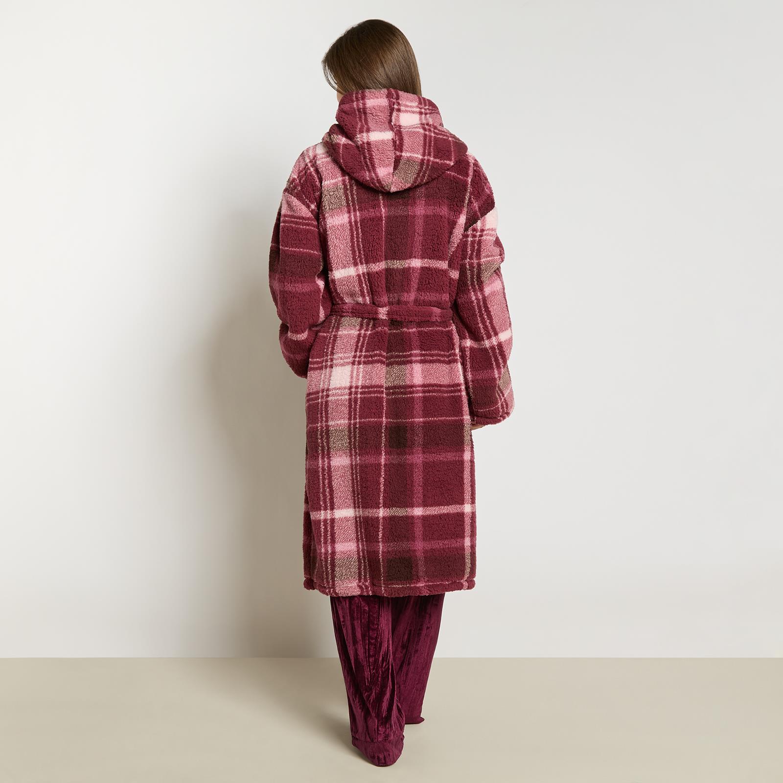OHS Teddy Dressing Gown Tartan Check Soft Unisex Hooded Xmas Loungewear Robe