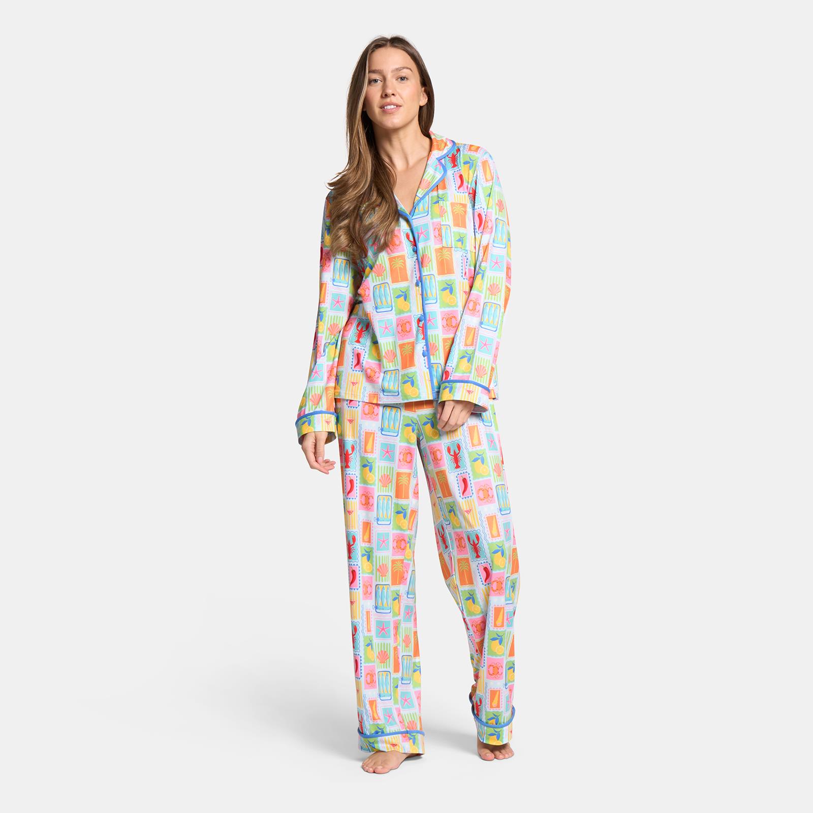 OHS Postcards Print Pyjama Set Womens Jersey Button Through Nightwear Loungewear