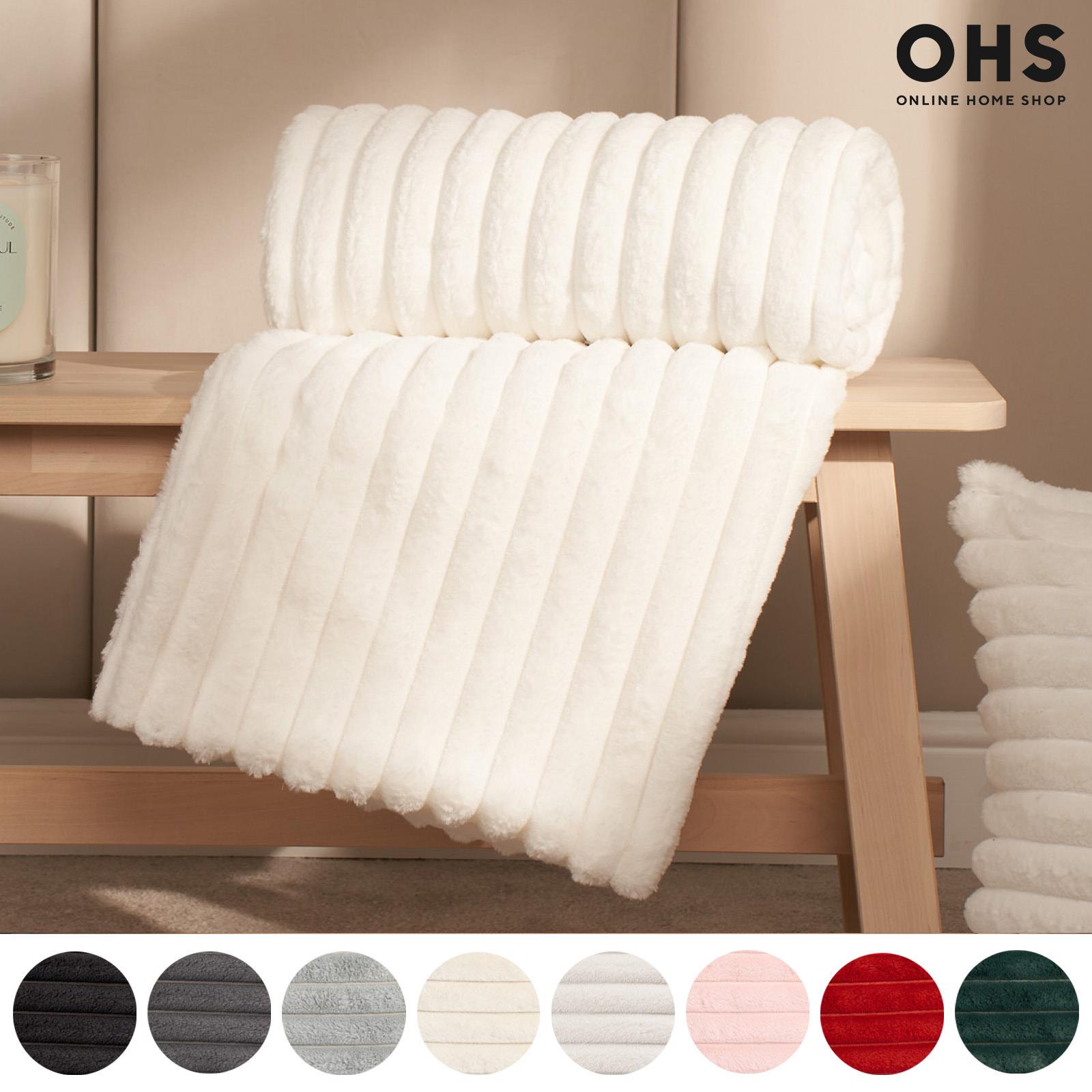 OHS Faux Fur Ribbed Fleece Throw Over Bed Blanket Warm Supersoft