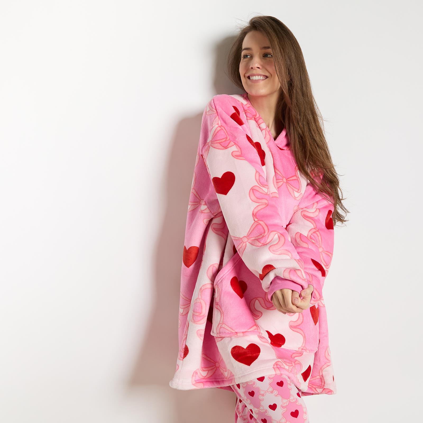 OHS Bow Lattice Hoodie Blanket Sherpa Lined Fleece Wearable Throw Thermal