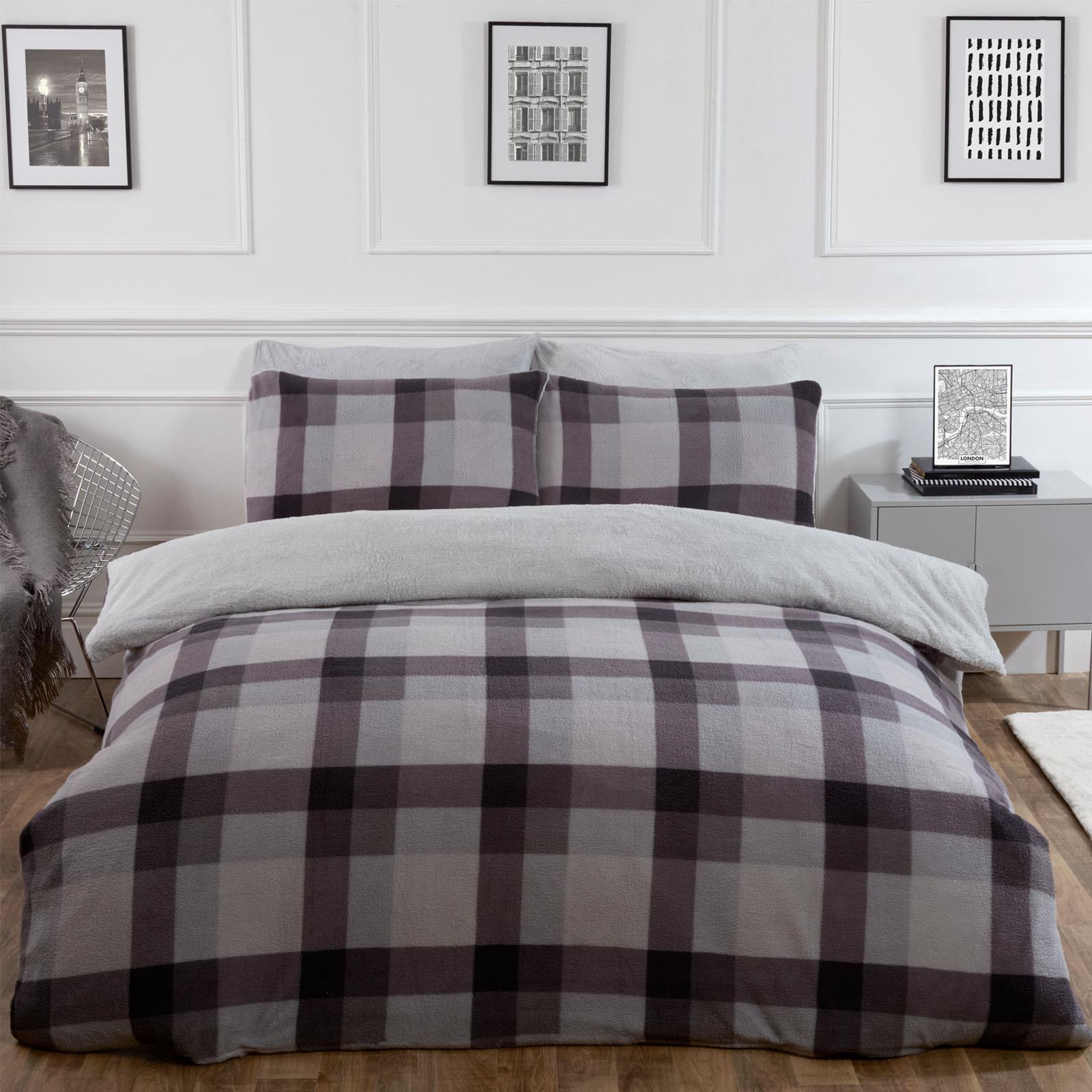 Dreamscene Check Teddy Fleece Duvet Cover with Pillowcase Thermal