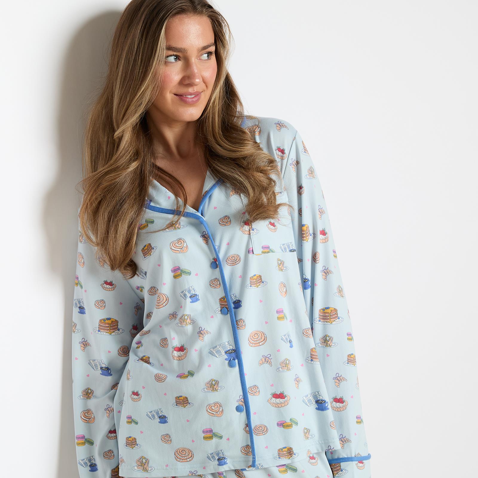 OHS Breakfast Pyjama Set Jersey Button Through Ultra Soft Nightwear Loungewear