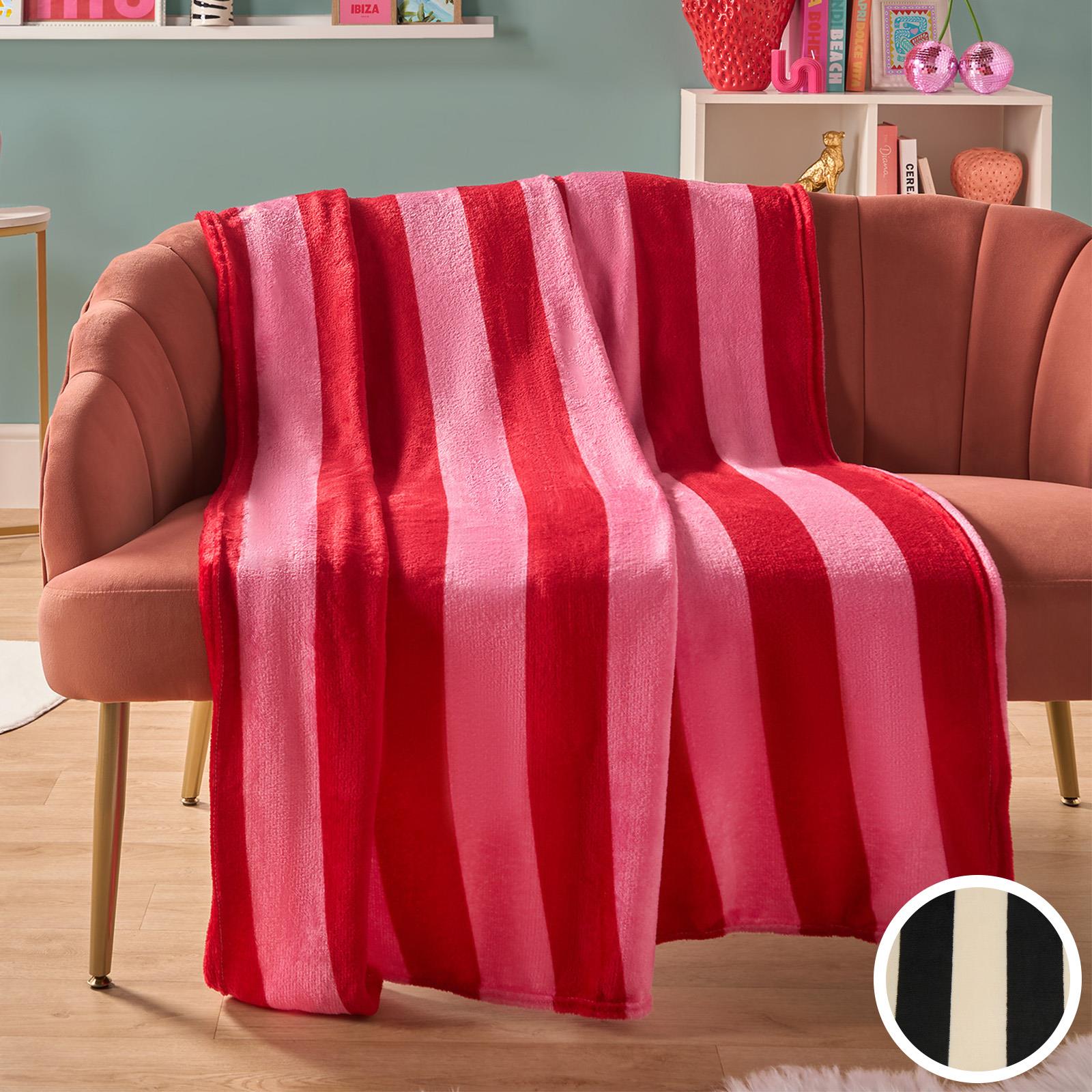 Stripe Fleece Throw Over Bedspread Ultra Soft Warm Sofa Bed Blanket Travel Plush