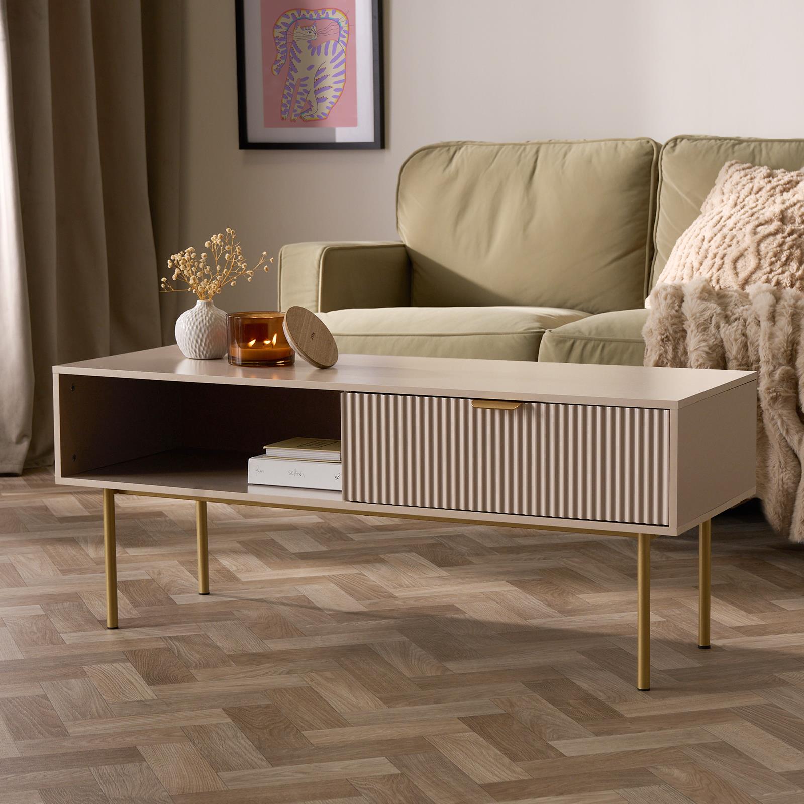 OHS Ribbed Coffee Table with Drawer Engineered Wood Shelf Storage Home Decor