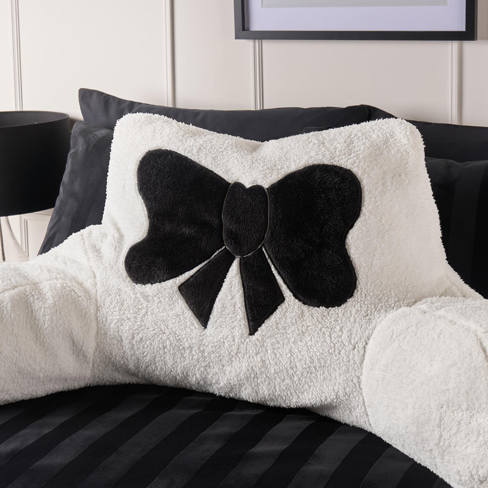 OHS Embroidered Bow Cuddle Cushion Teddy Fleece Reading Pillow with Arms