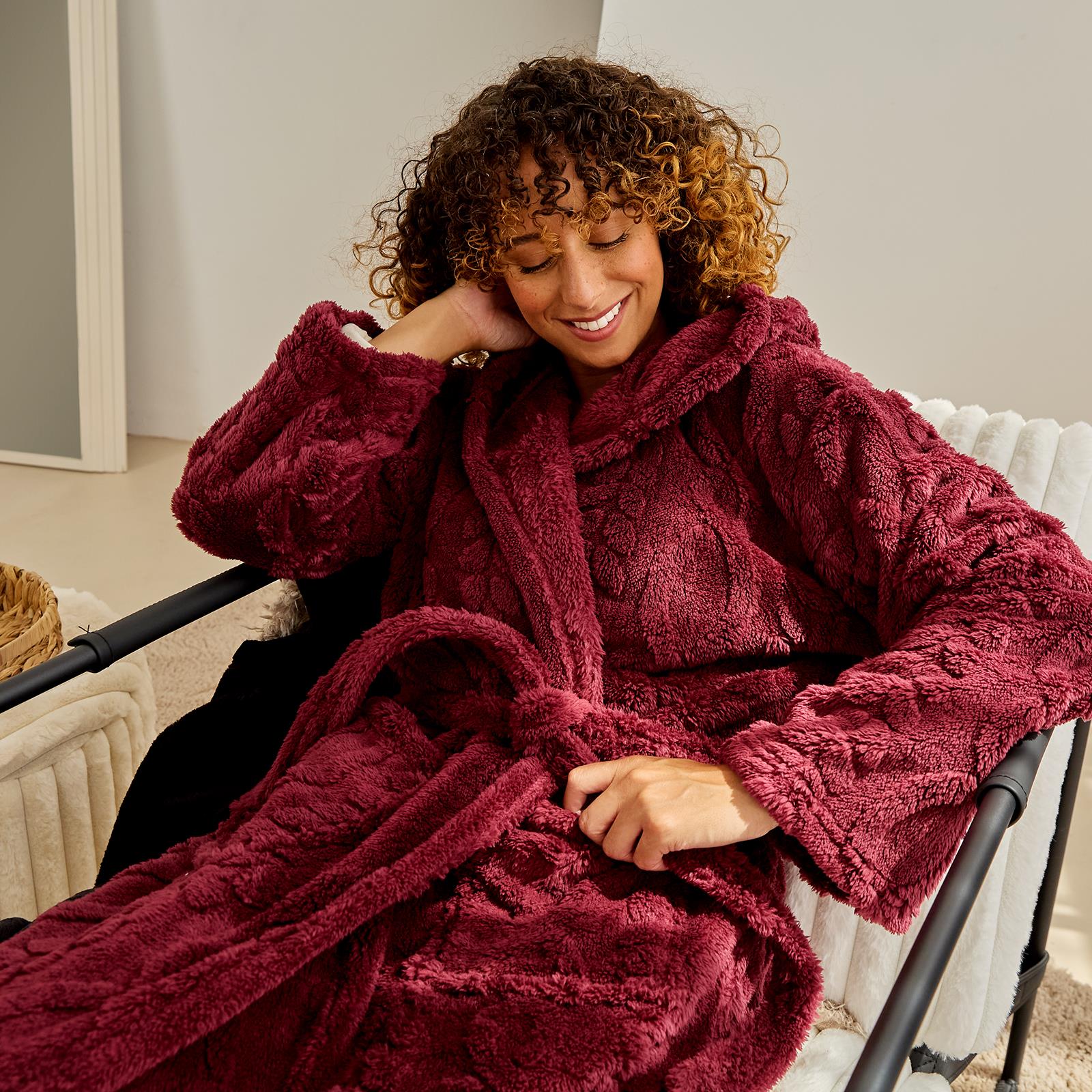 OHS Cable Knit Dressing Gown Flannel Fleece Winter Loungewear Hooded Bathrobe