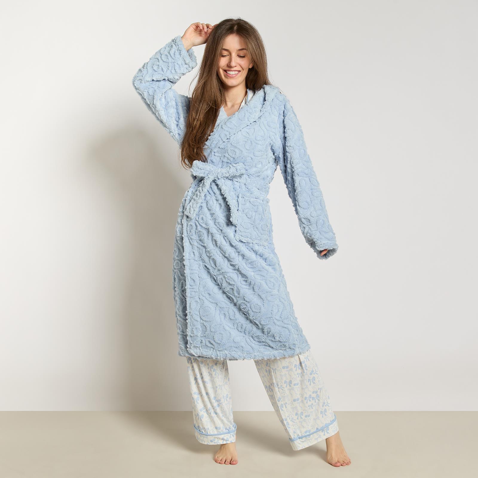 OHS Tufted Dressing Gown Soft Fleece Robe Thermal Bathrobe Hooded Loungewear