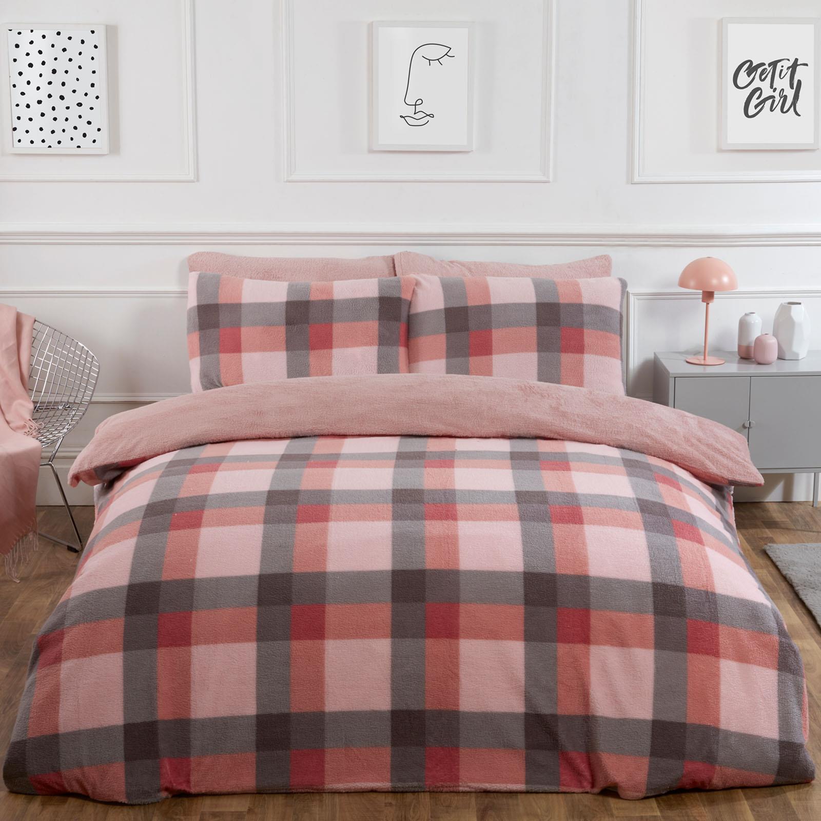 Dreamscene Check Teddy Fleece Duvet Cover with Pillowcase Thermal