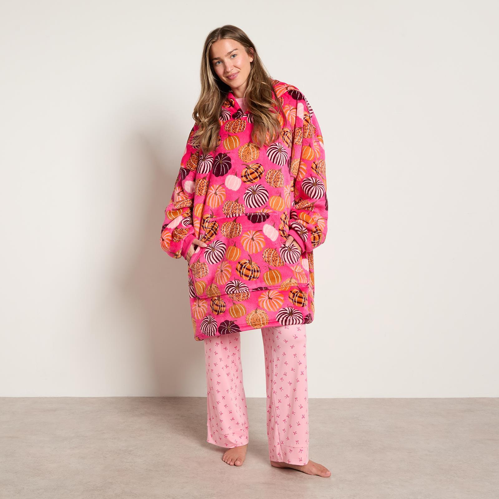 OHS Autumn Hoodie Blanket Pumpkin Prints Fleece Wearable Throw Sherpa