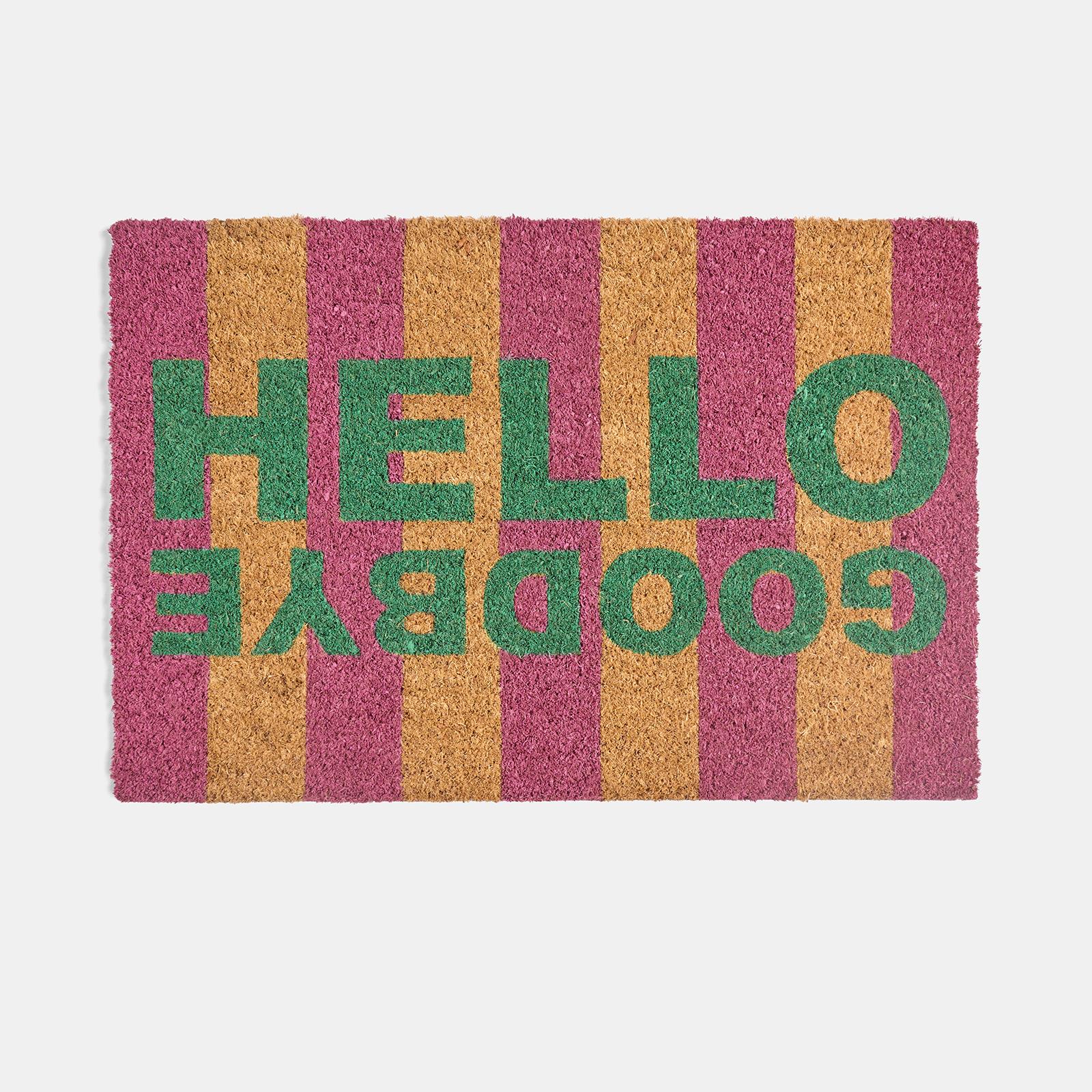OHS Striped Doormat Hello Goodbye Slogan Non Slip Indoor Outdoor Coir Door Rug