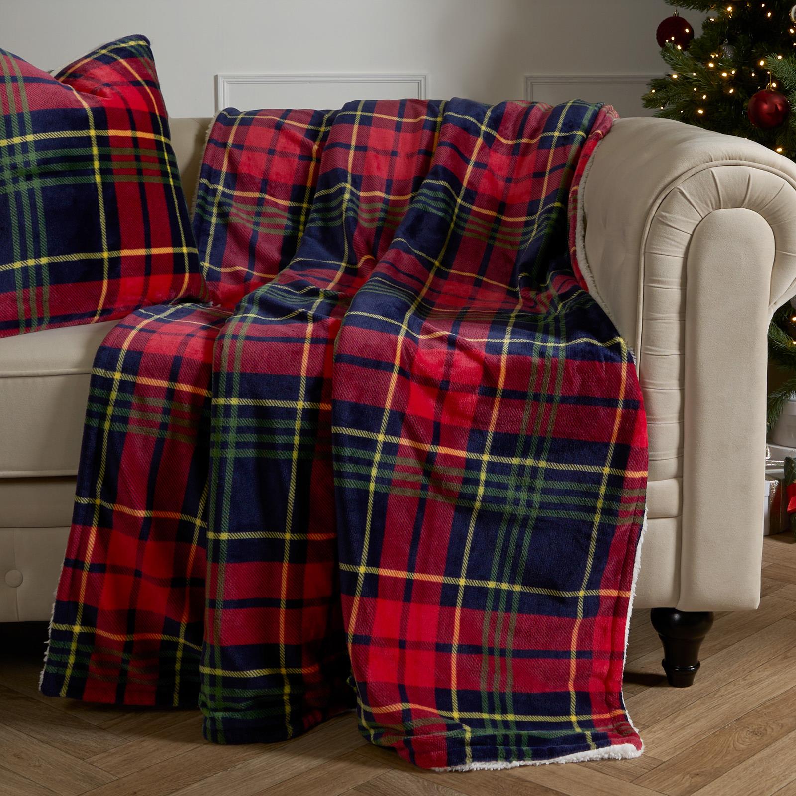 OHS Tartan Throw Sherpa Fleece Plush Flannel Blanket Warm Xmas Soft Bedspread