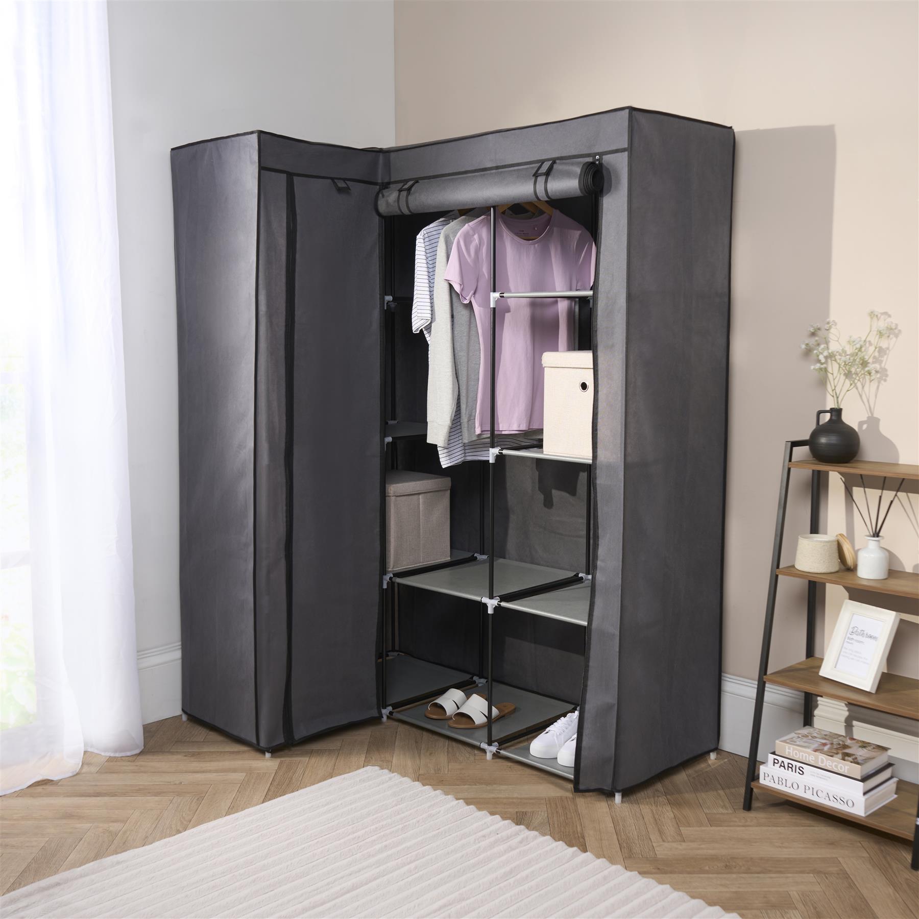 Corner Wardrobe Fabric Clothing Hanging Rail Bedroom Organiser 2 Door Home Decor