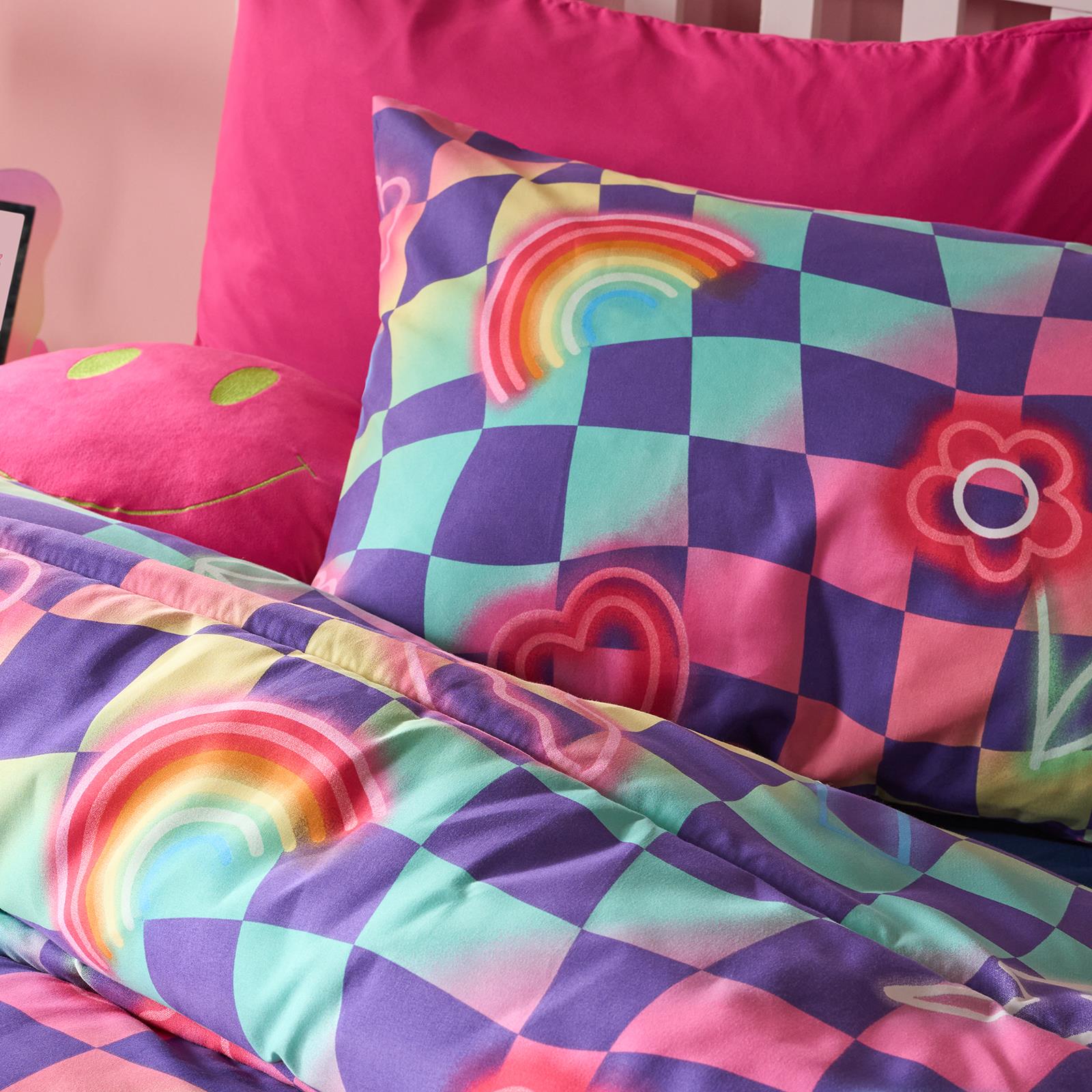 OHS Checkerboard Coverless 10.5 Tog Duvet Set with Pillowcase Kids Neon Single