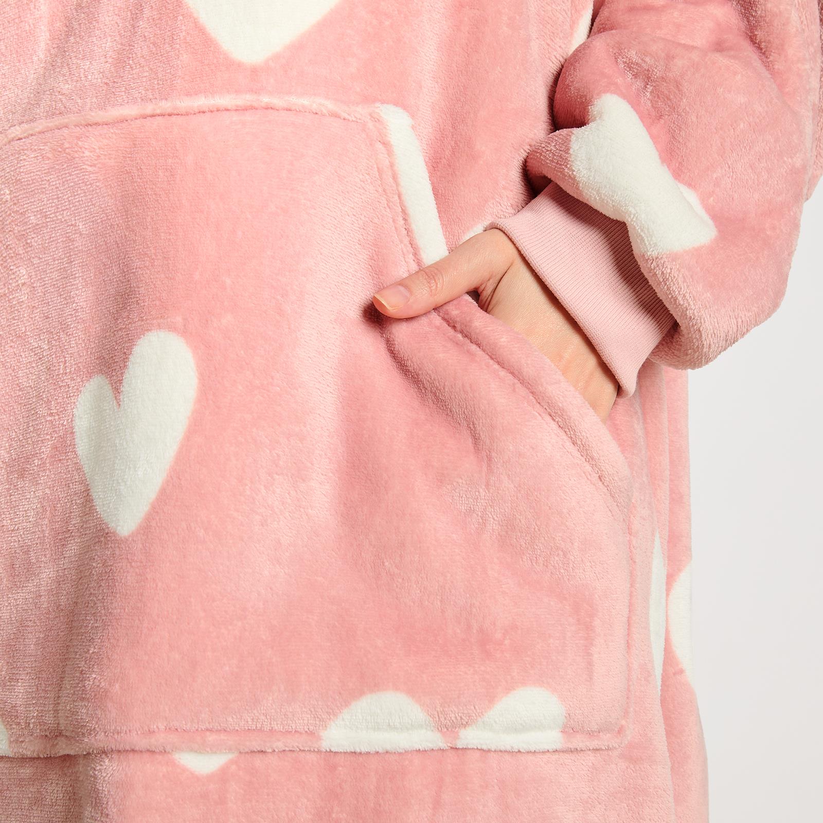 OHS Heart Print Hoodie Blanket Oversized Adult Fleece Sherpa Throw Jumper