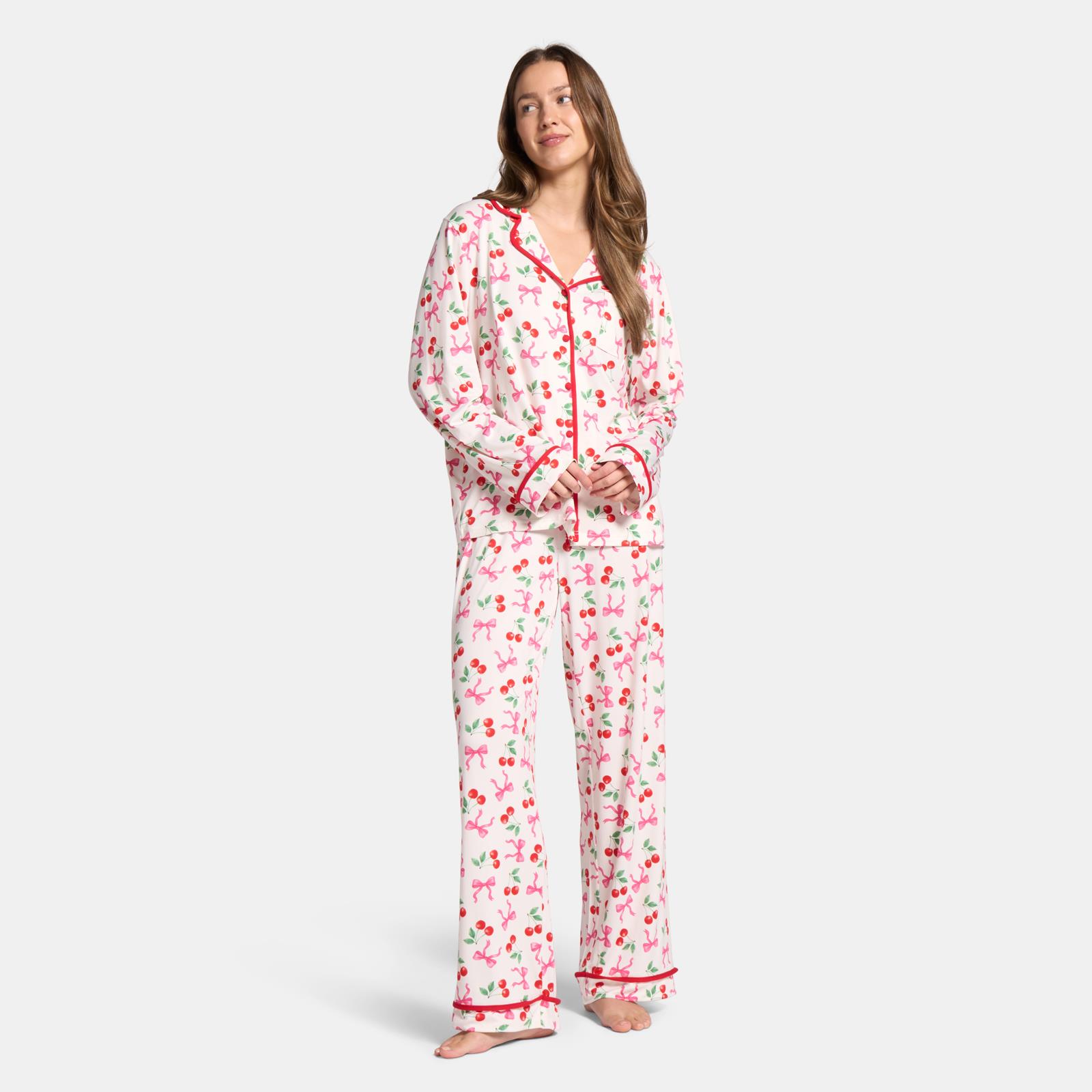 OHS Bows Pyjama Set Womens Jersey Button Through Soft Nightwear Loungewear