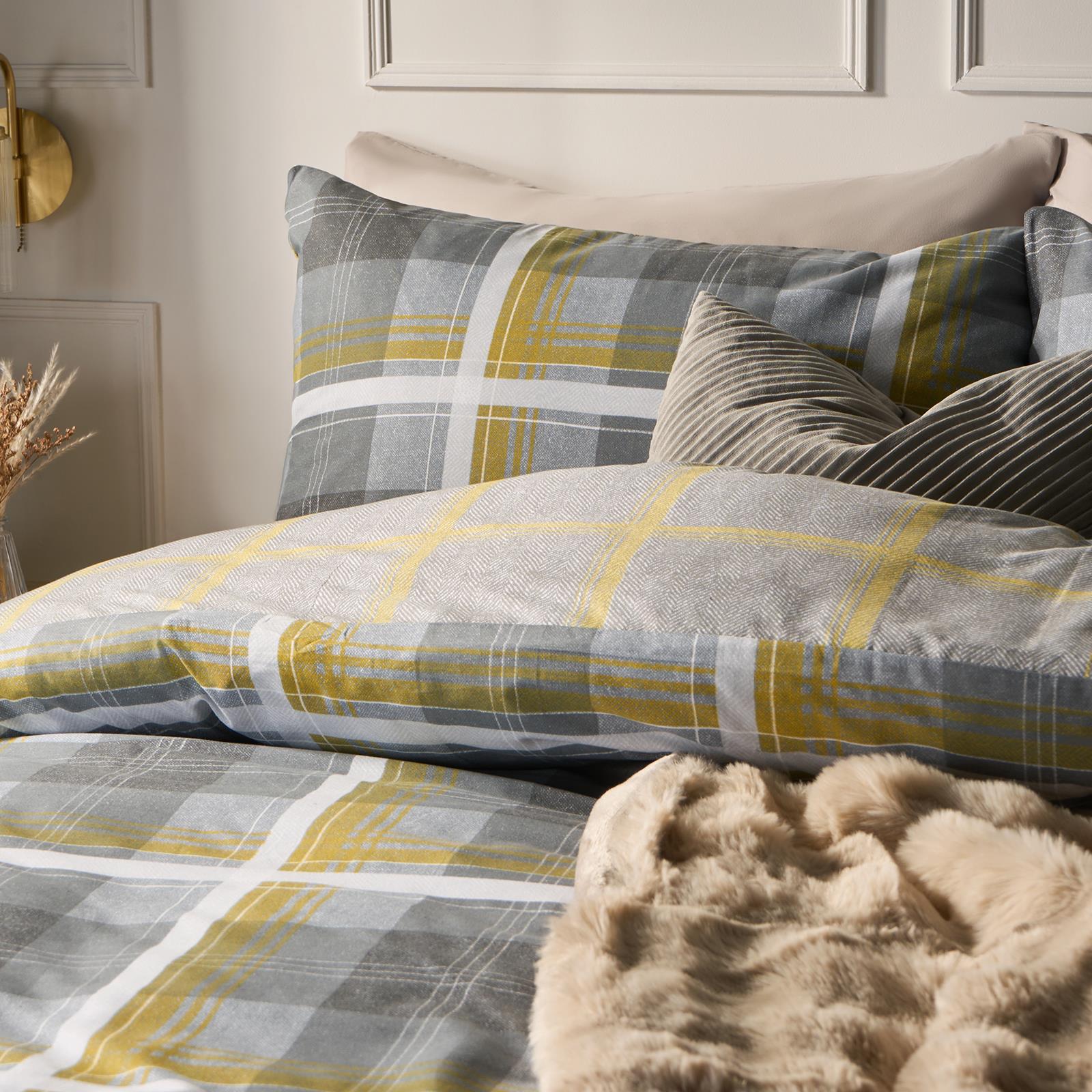 OHS Denim Check Duvet Cover with Pillowcase Tartan Bedding Set Ochre Grey