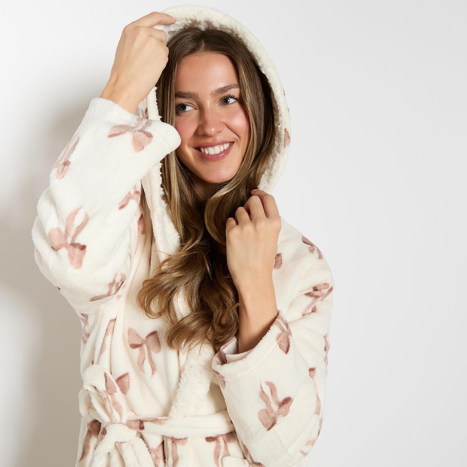 OHS Bows Dressing Gown Flannel Winter Sherpa Lined Loungewear Hooded Bathrobe