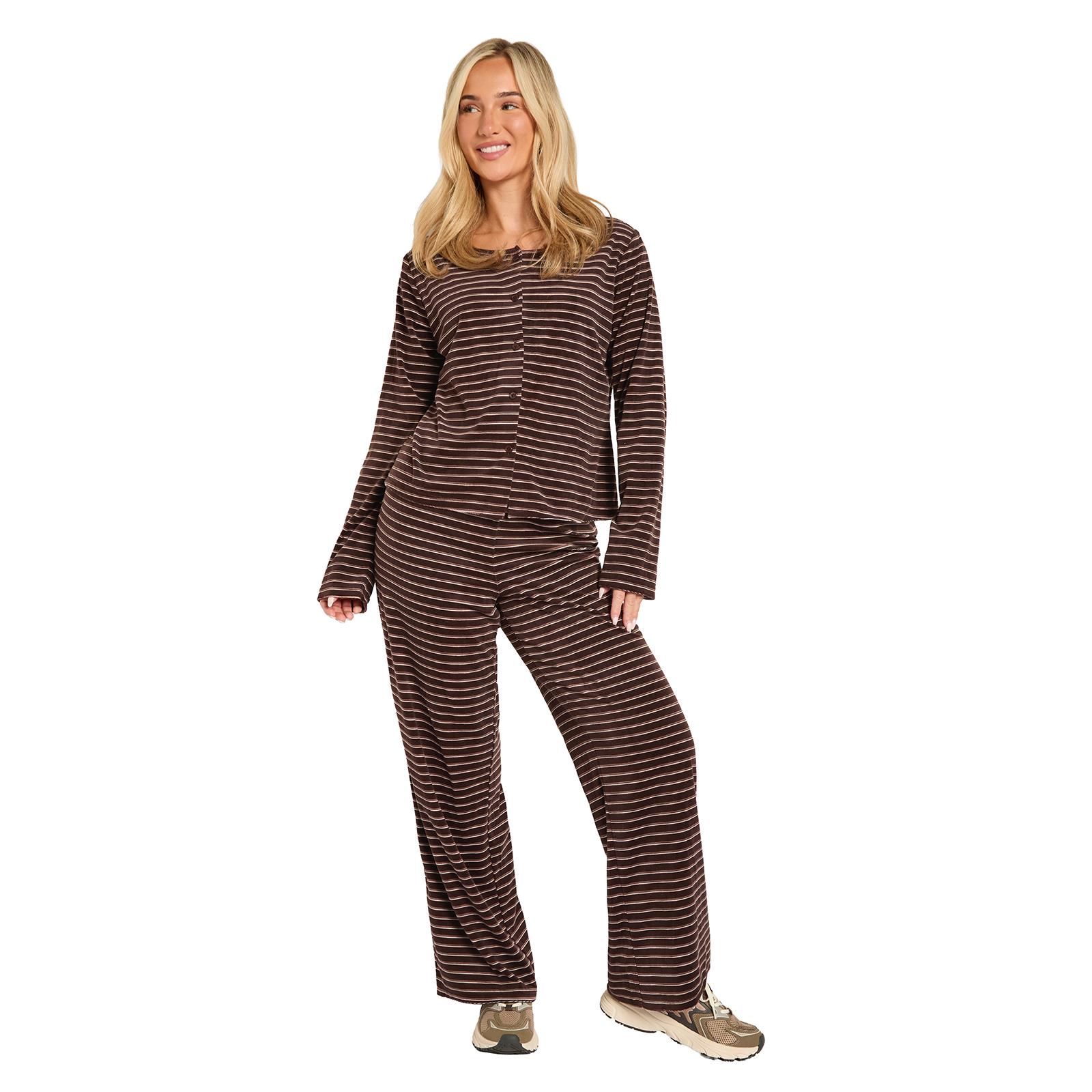 OHS Matte Velvet Loungewear Co-Ord Set Stripe Print Button Through Nightwear