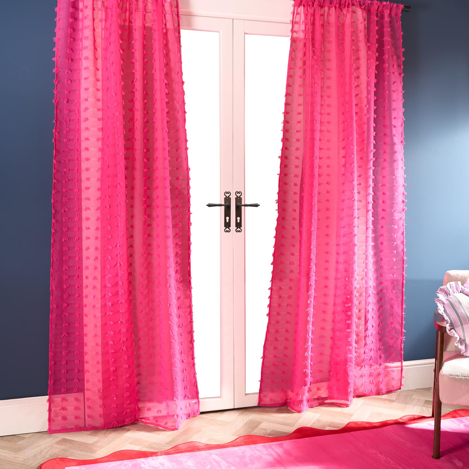 OHS Pompom Tufted Voile Net Curtains Pair 2 Window Panels Slot Top Set 55