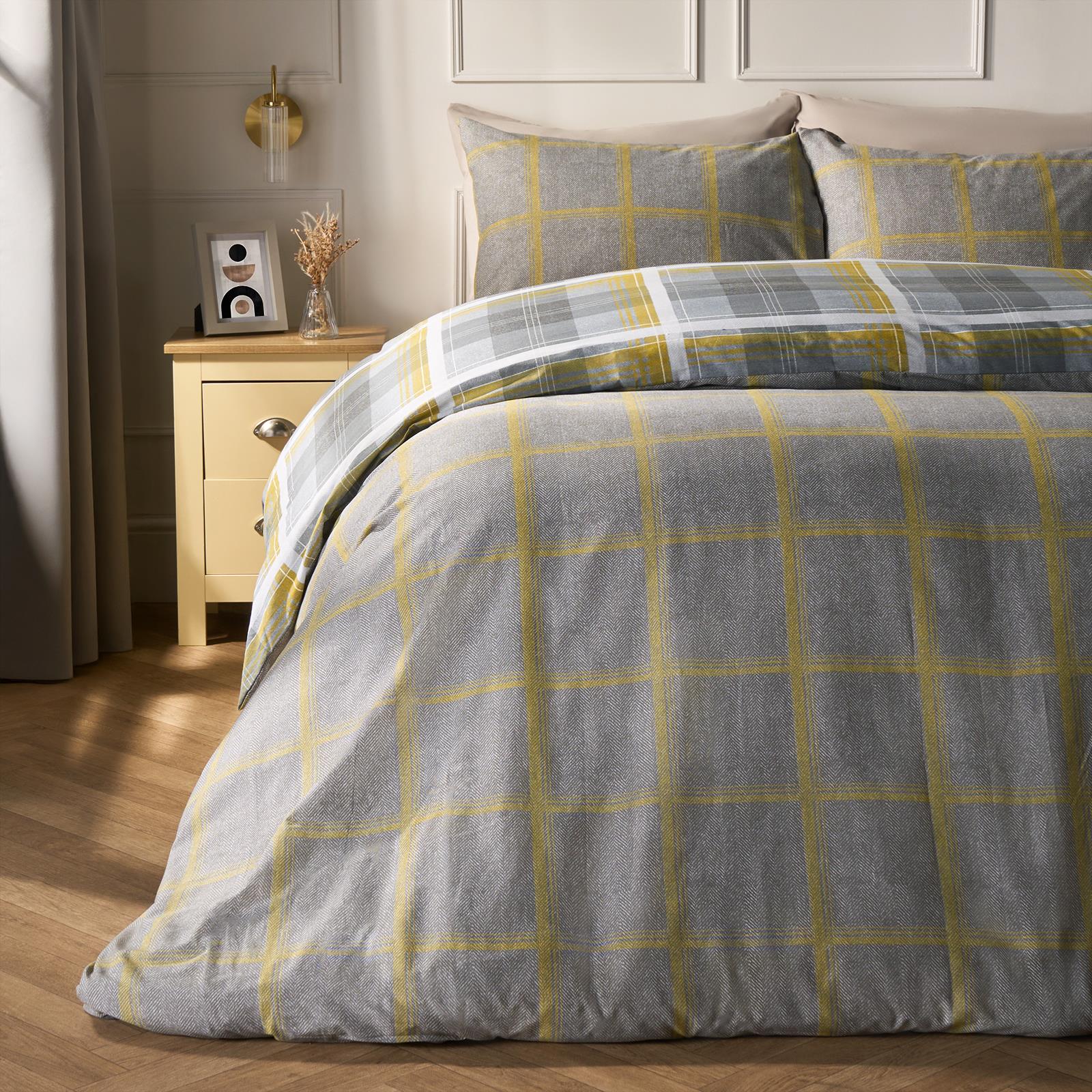 OHS Denim Check Duvet Cover with Pillowcase Tartan Bedding Set Ochre Grey