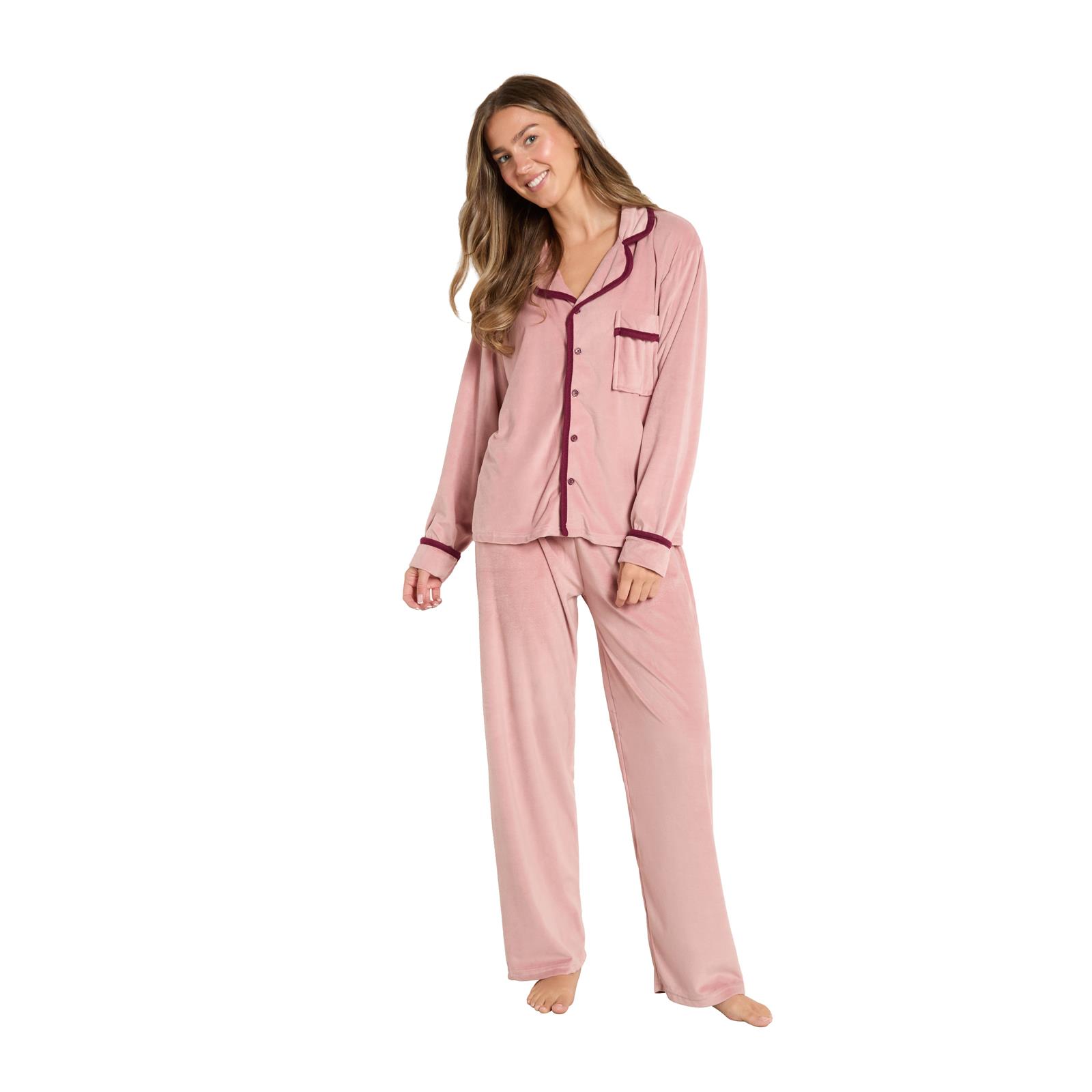 OHS Piped Edge Pyjama Set Button Through Fleece Womens Loungewear Nightwear Pjs