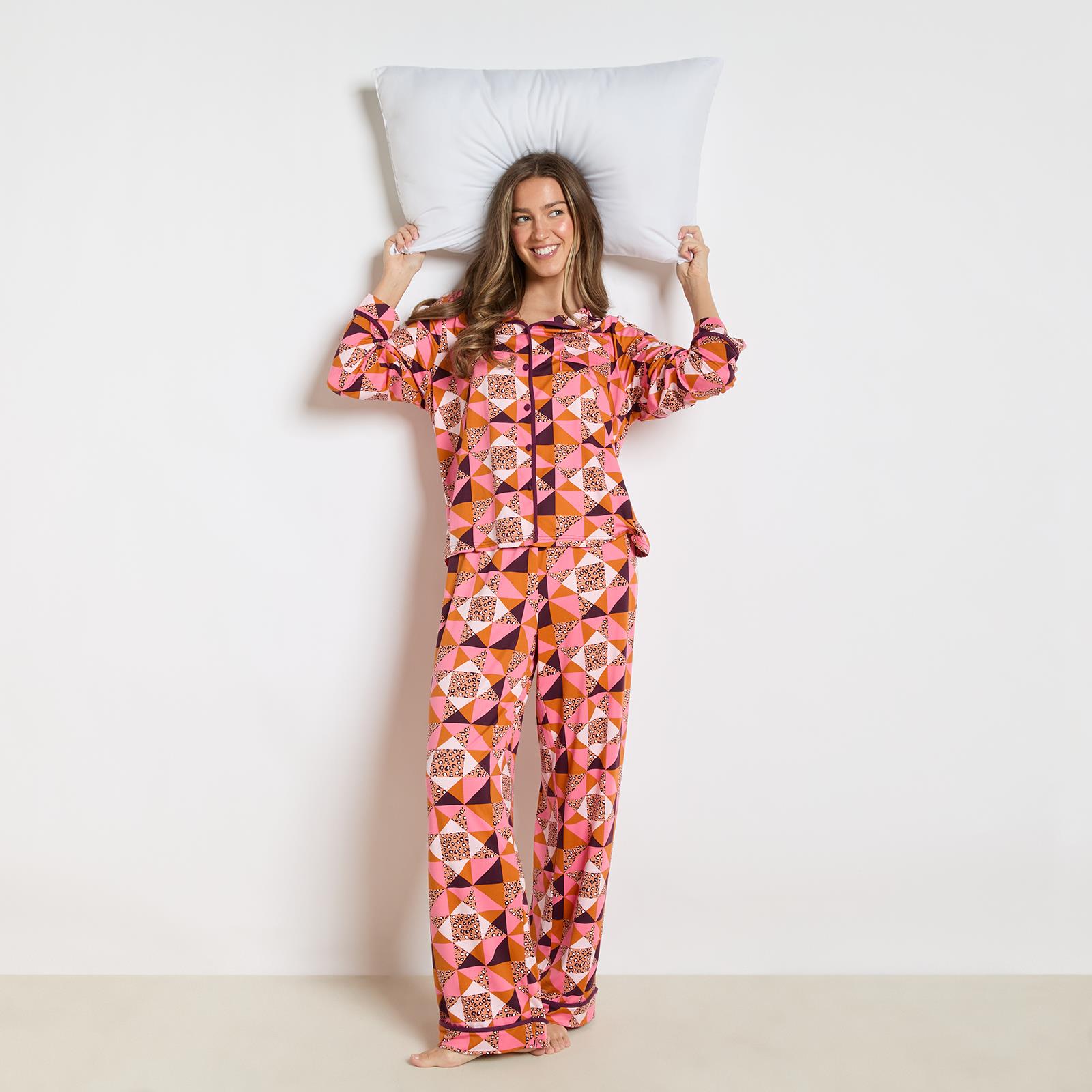 OHS Geo Print Pyjama Set Jersey Button Through Ultra Soft Nightwear Loungewear